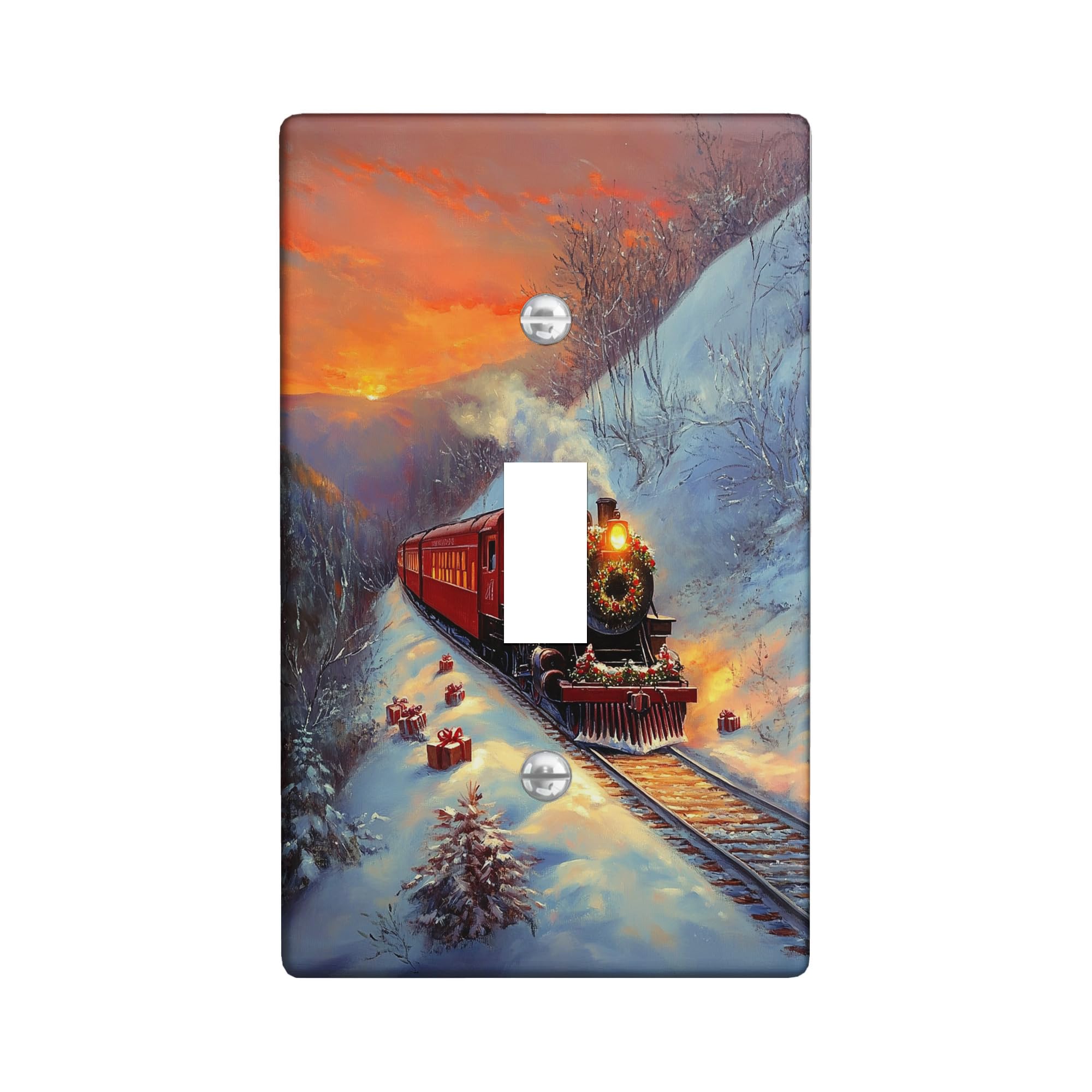 Christmas Train Light Switch Cover Plates/Outlet Covers, Red Steam Engine for Winter Holiday, Cozy Wall Decor for Home Living Room, Standard Size Single Toggle