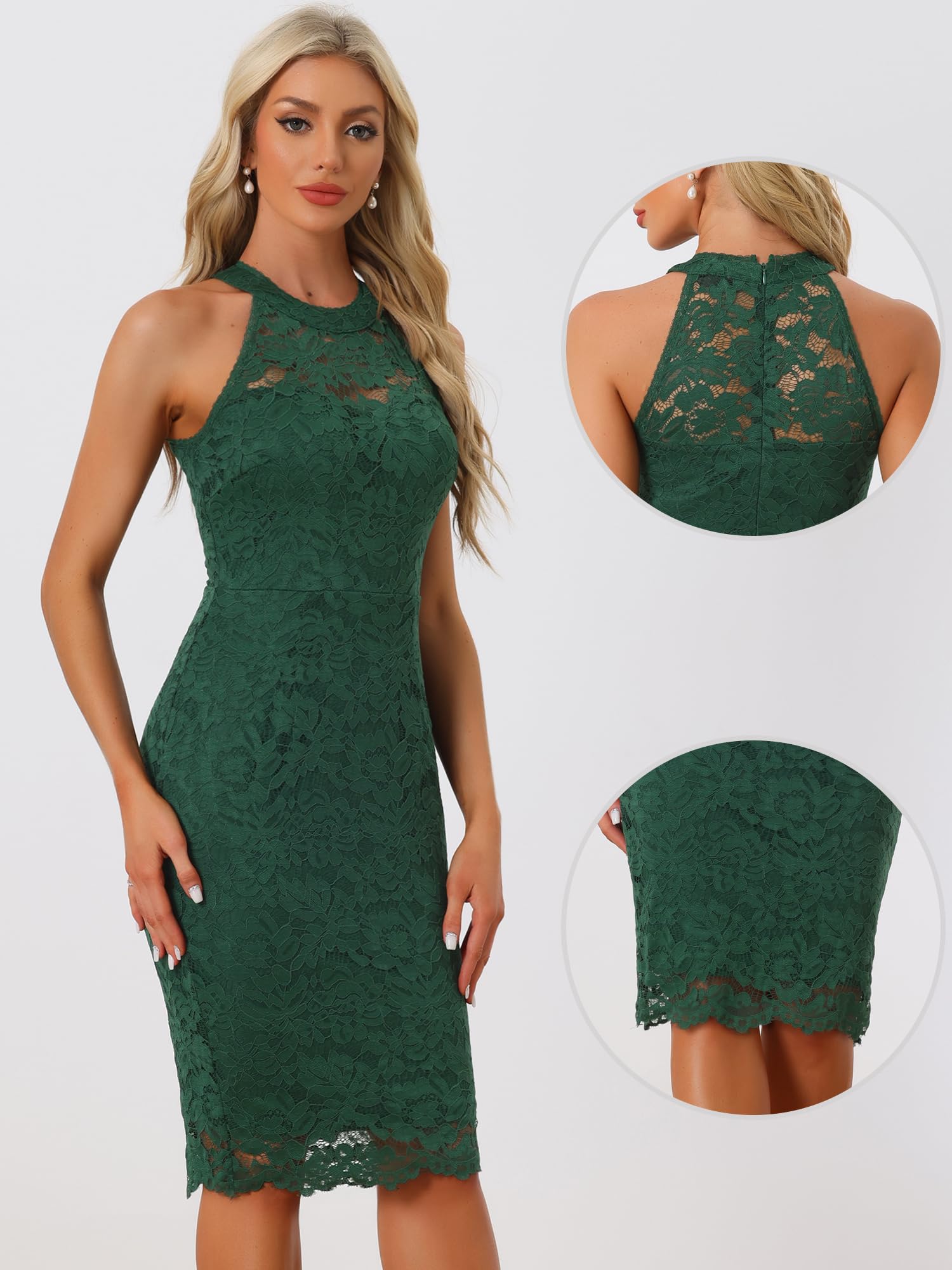 Allegra K Damen Spitzenkleid Ärmellos Figurbetontes Elegantes Etuikleid Neckholder Kleid