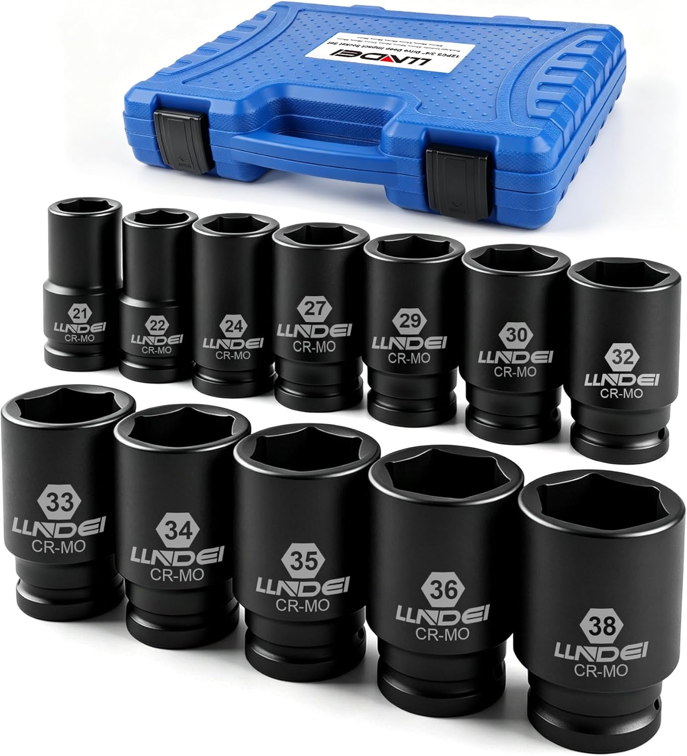 LLNDEI 3/4 inch Drive Impact Socket Set, 12 Piece Heavy Duty CR-MO Deep/Jumbo Sockets 6 Point Design, SAE 3/4" to 1-9/16", for Large Vehicle and Apparatus Maintenance