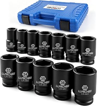 LLNDEI 3/4 inch Drive Impact Socket Set, 12 Piece Heavy Duty CR-MO Deep/Jumbo Sockets 6 Point Design, SAE 3/4" to 1-9/16", for Large Vehicle and Apparatus Maintenance