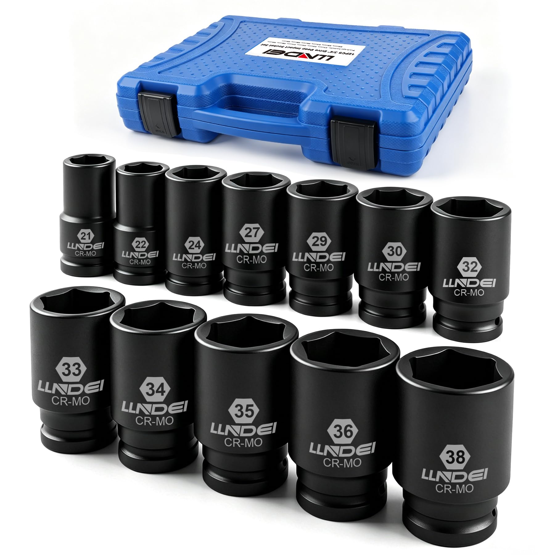LLNDEI 3/4 inch Drive Impact Socket Set 12-Piece SAE Deep