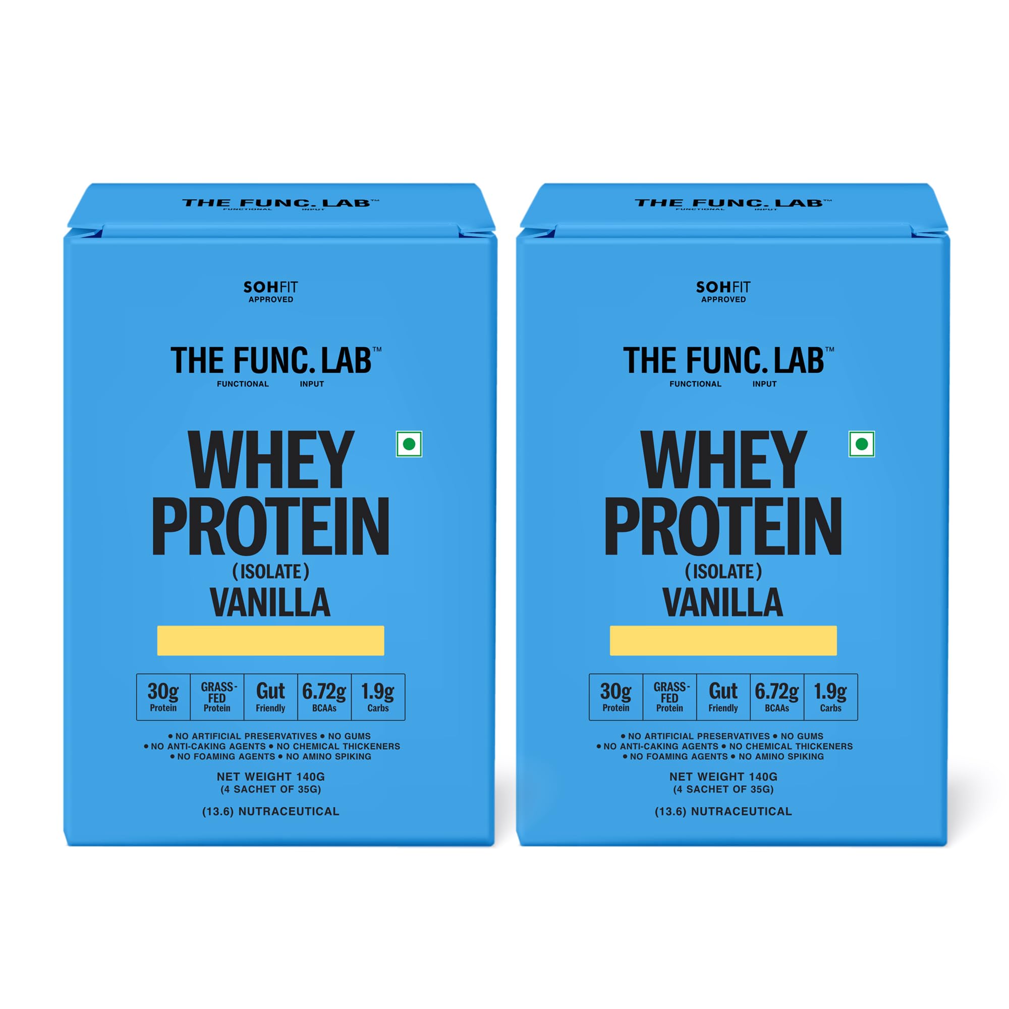 The Func. Lab Whey Protein Isolate - Vanilla Travel Packs | (4 * 35g Sachets) Pack of 2 | Grass‑Fed, 30g Protein per Scoop | High Protein Supplement with Digestive Enzymes for better Absorption