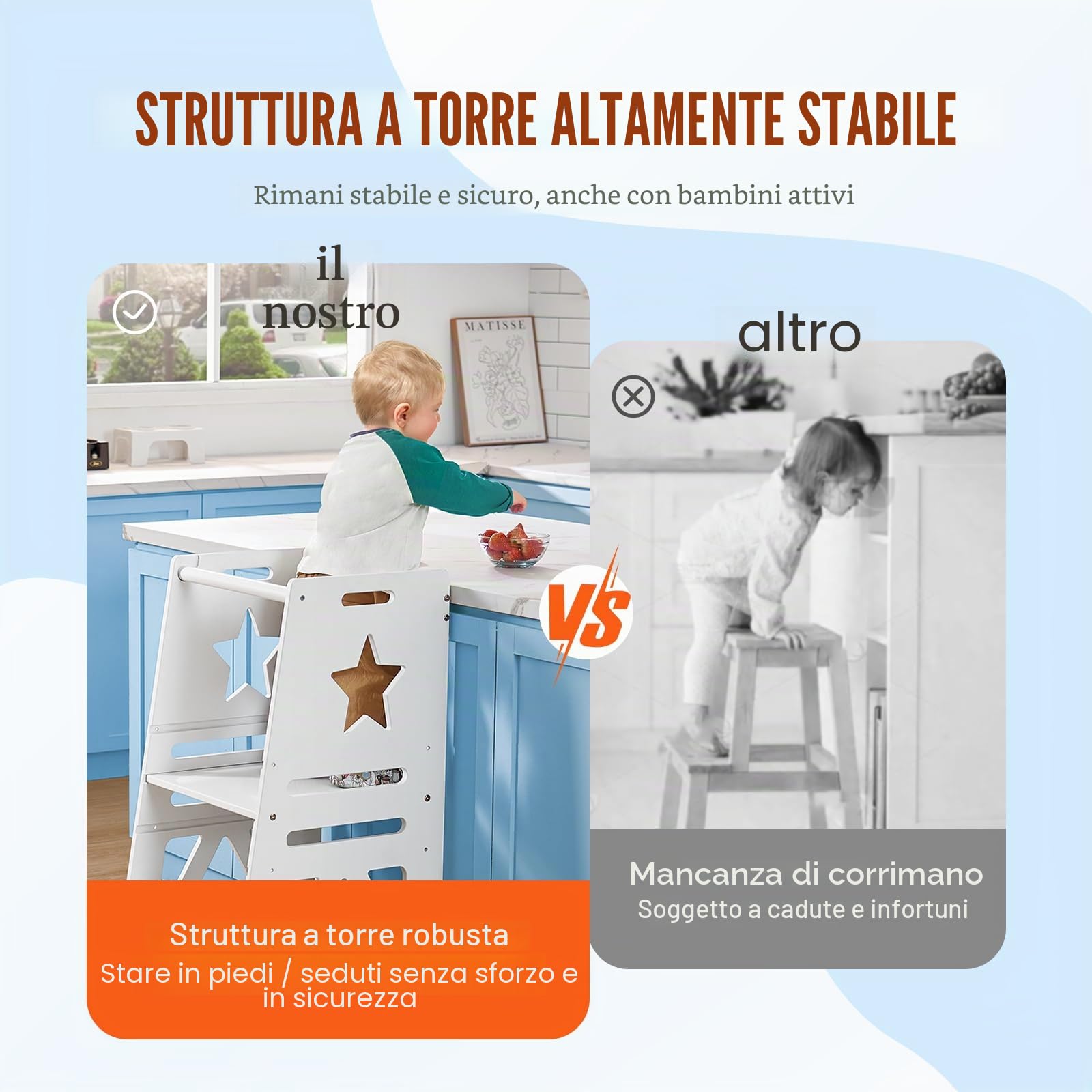 VEVOR Sgabello Bambini Carico max. 158kg Scaletta d'Apprendimento in Bambù, Rete di Sicurezza a 3 Altezze, Scaletta Torre Alzabimbo 844 x 553 x 482 mm da Cameretta Cucina Bagno Soggiorno Bimbi Bianco