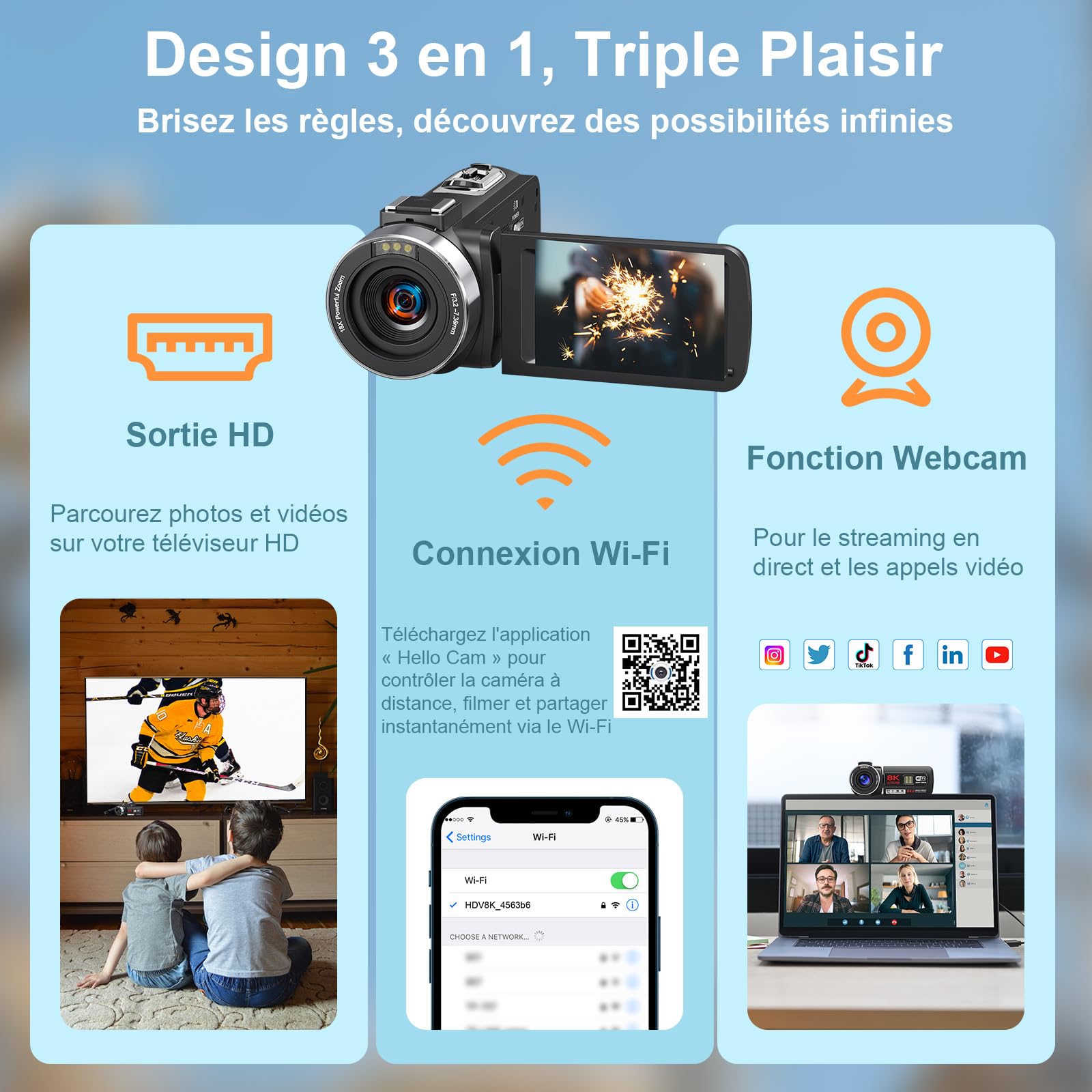 Caméscope Vidéo 8K 64MP Vlogging WiFi Vision Nocturne IR Écran Tactile 3" Zoom Numérique 18X avec Mic et Télécommande