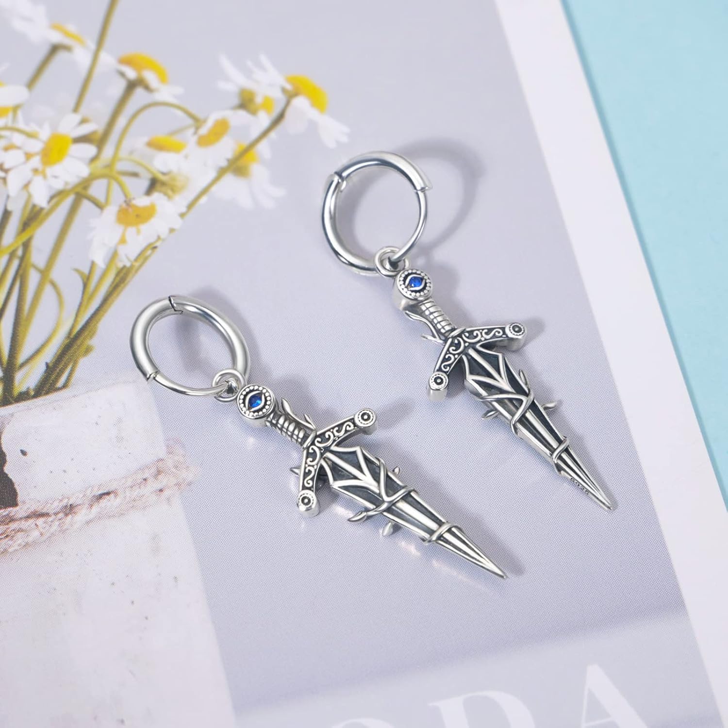 Sterling Silver Medieval Sword Dangle Drop Earrings Dagger Hoop Earrings Cross Knives Earrings for Women Girls Boys Men