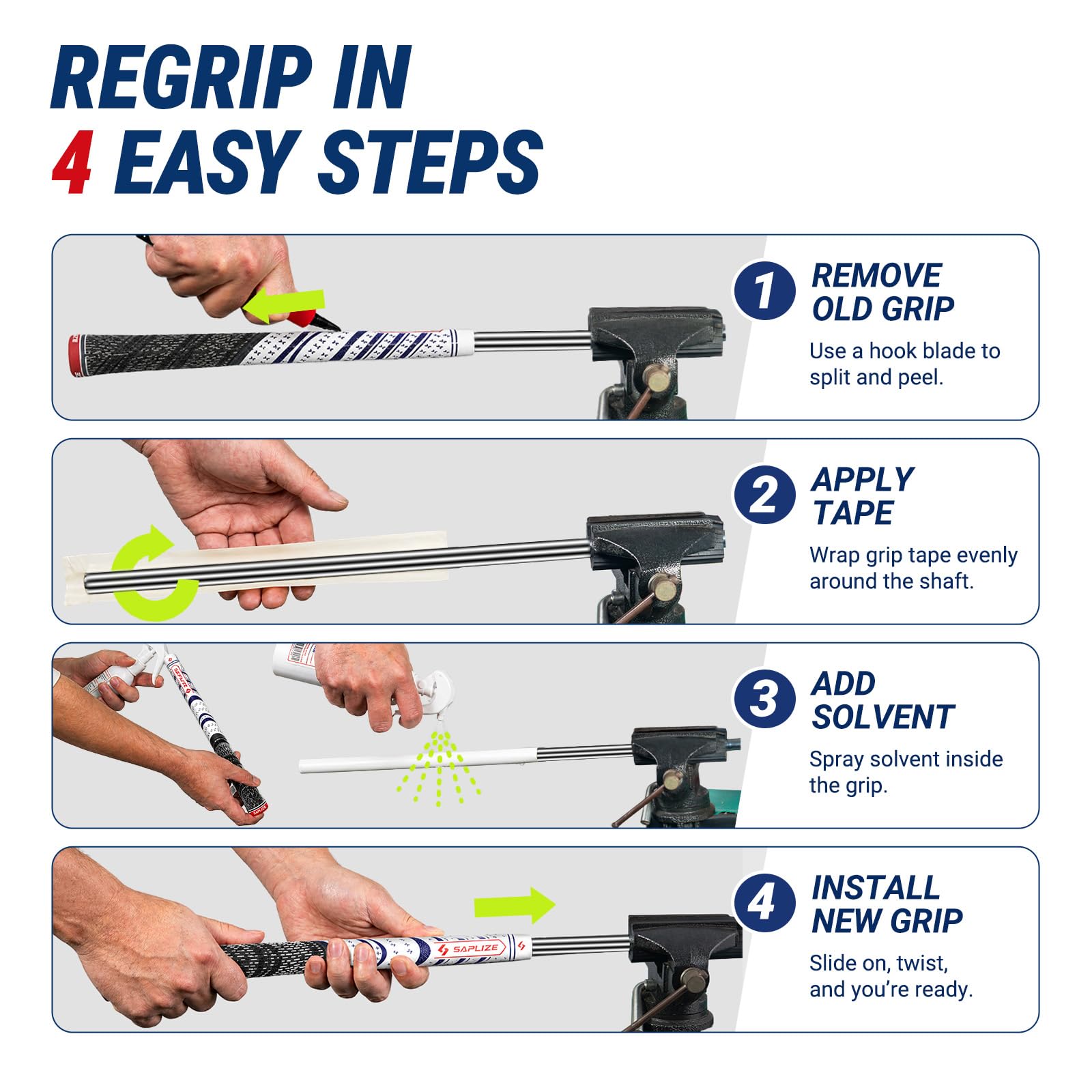 SAPLIZE Lot de 13 poignées de golf avec kit de regripping complet, taille standard/moyenne, cordon en caoutchouc, poignées de club de golf hybrides, 6 options de couleurs