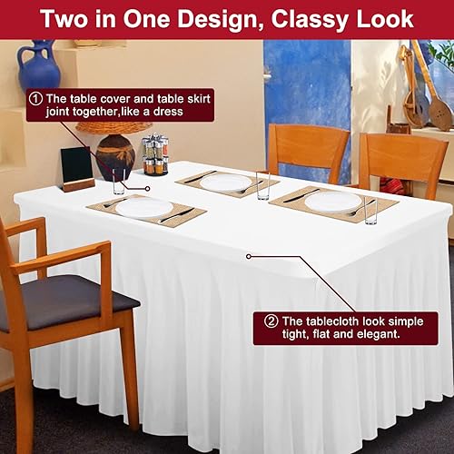 Miniatura 8 de Falda de mesa y mantel grueso de elastano 2 en 1 y funda de mesa de 8 pies, mantel rectangular ajustable con falda plisada, mantel rectangular sin