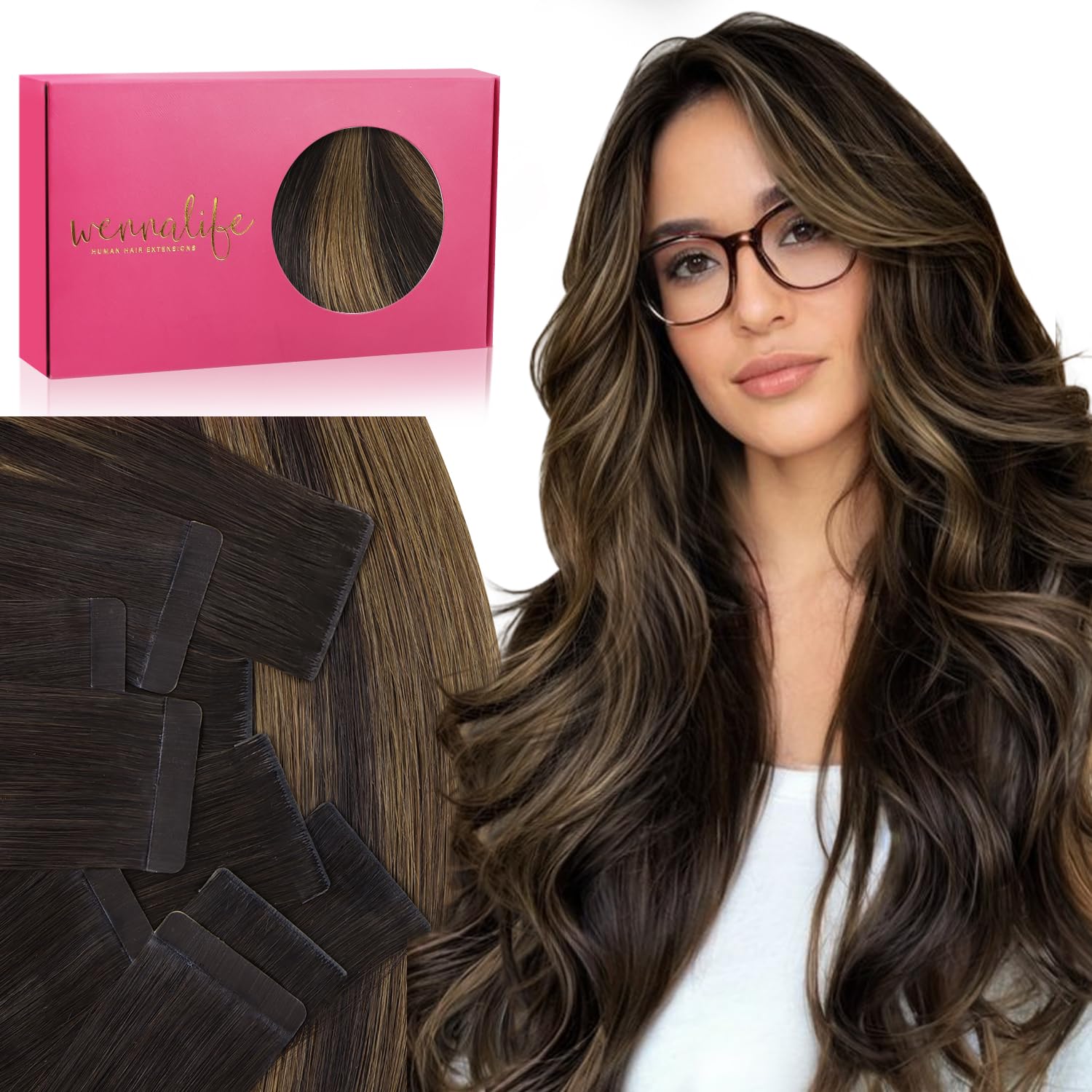 WENNALIFE Invisi Edge & Classic Tape in Hair Extensions Human Hair, 22 Inch 100g 40pcs(20pcs Invisi Edge & 20pcs Classic) Balayage Dark Brown Mixed Chestnut Brown Invisible Injected Remy Hair Seamless