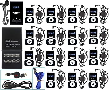 EXMAX ATG-100T 195MHz Wireless Tour Guide System Simultaneous Translation Interpreting Equipment for Church Translator in Your Ear Translation Devices 1 Transmitter 15 Receivers Charge Station