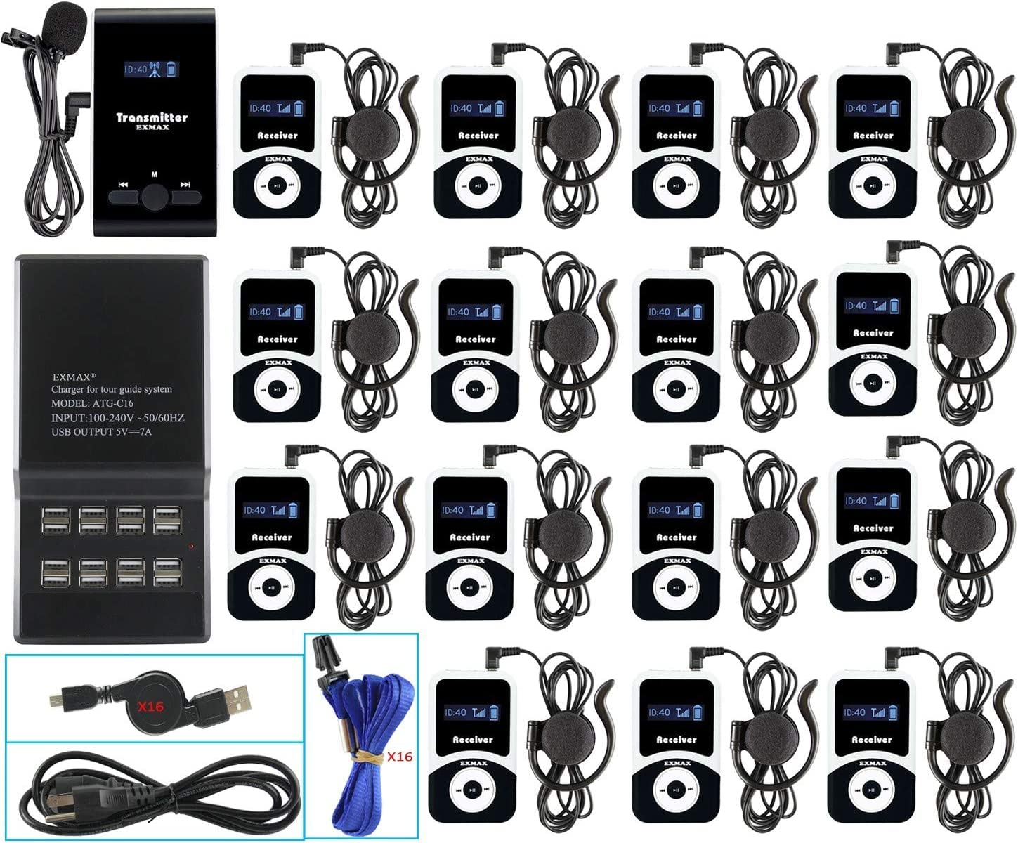 exmax® wireless tour guide system 195mhz translation devices 1 transmitter 15 receivers