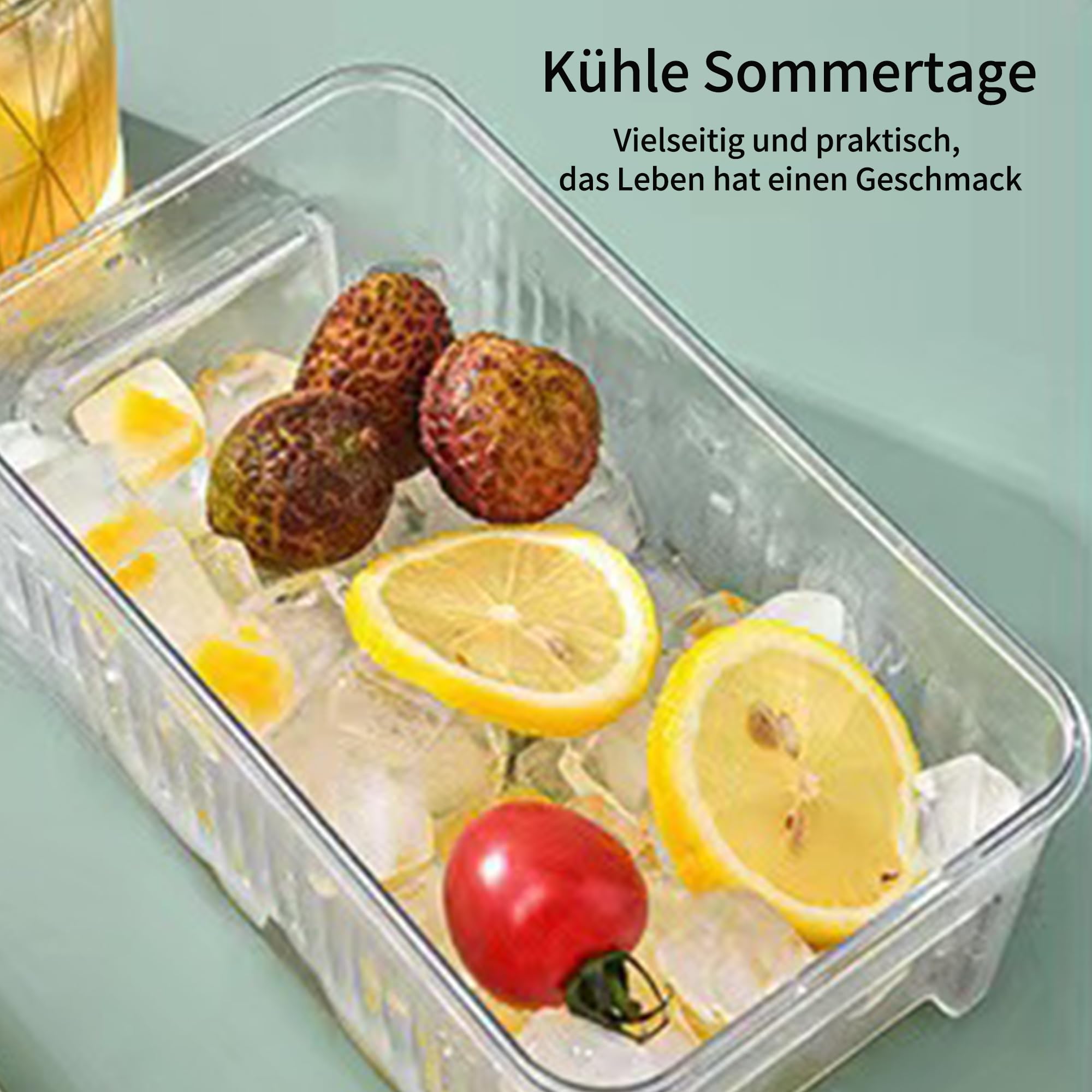 Eiswürfelbehälter mit Deckel und Behälter, 56 Stück Eiswürfel, Ein Klick drücken für schnelle Eisfreigabe, 2 Stück Quadrat Silikon Eiswürfelform, 1 Eiskübel und Schaufel