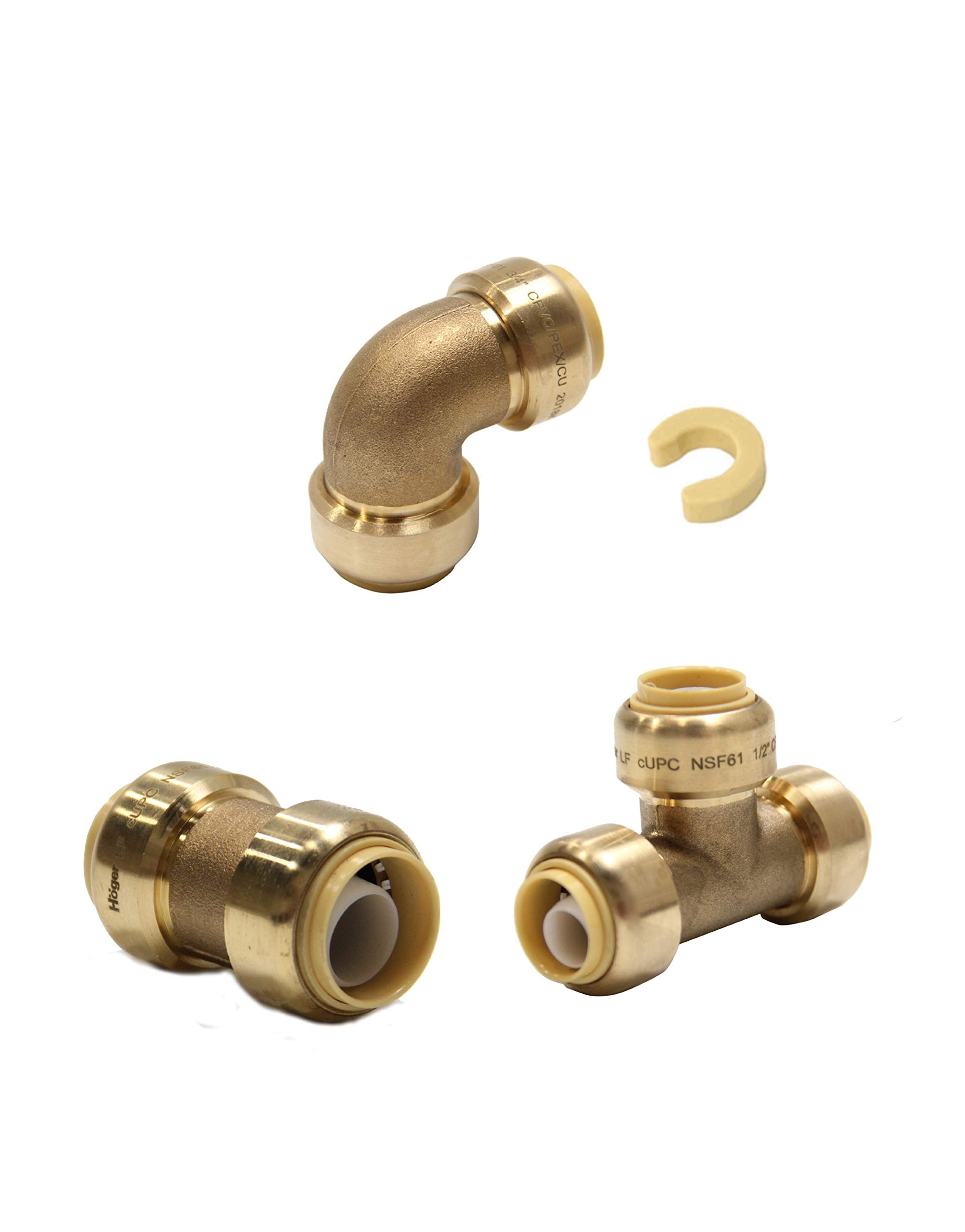 (Pack of 10) EFIELD 3/4-Inch Push Fit Fitting Bundles to Connect Pex, Copper, CPVC -Tee "T" 2 Pieces, Elbow and Coupling 4 Pieces each, with a Disconnect Clip