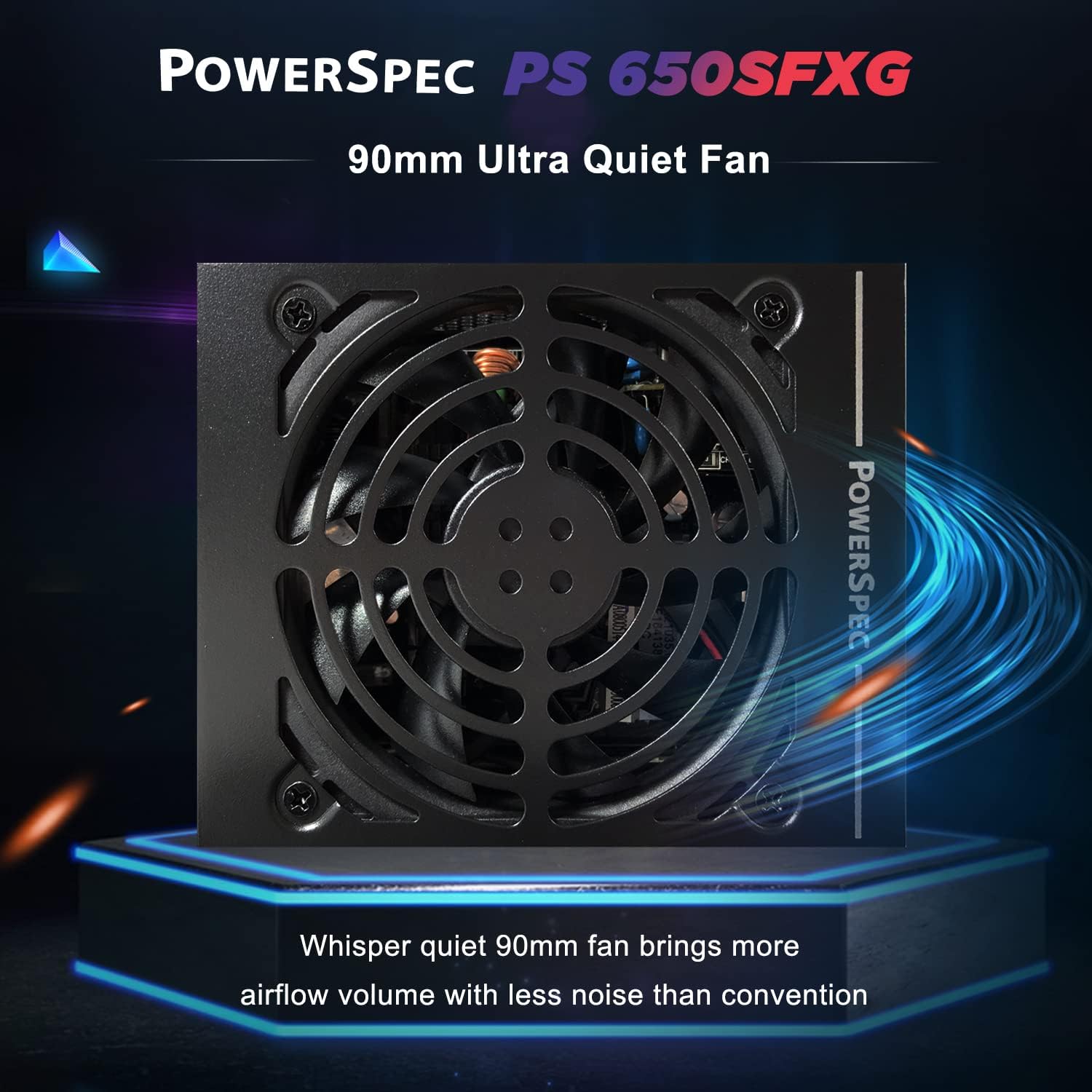 Top view of PowerSpec PS 650SFXG showing the 90mm ultra quiet fan