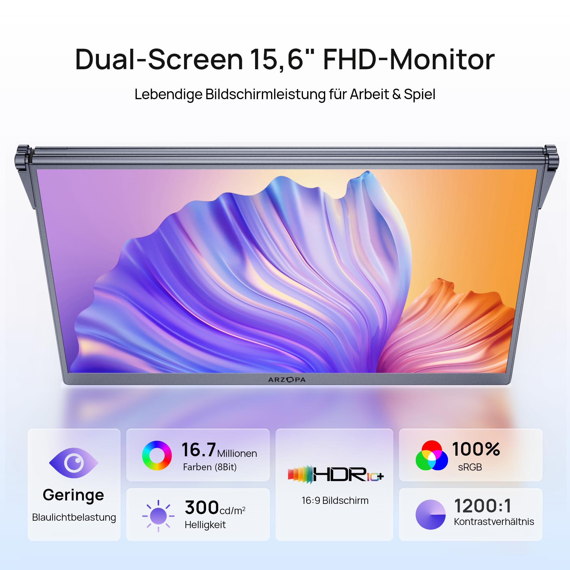 ARZOPA 15,6" Dual Portable Monitor, Faltbar FHD Tragbarer Monitor für Laptops, 100% sRGB IPS Doppelbildschirm-Erweiterer, USB-C & HDMI, Verstellbarer Ständer, für Mac PC Windows Gaming Büro Reise-E1