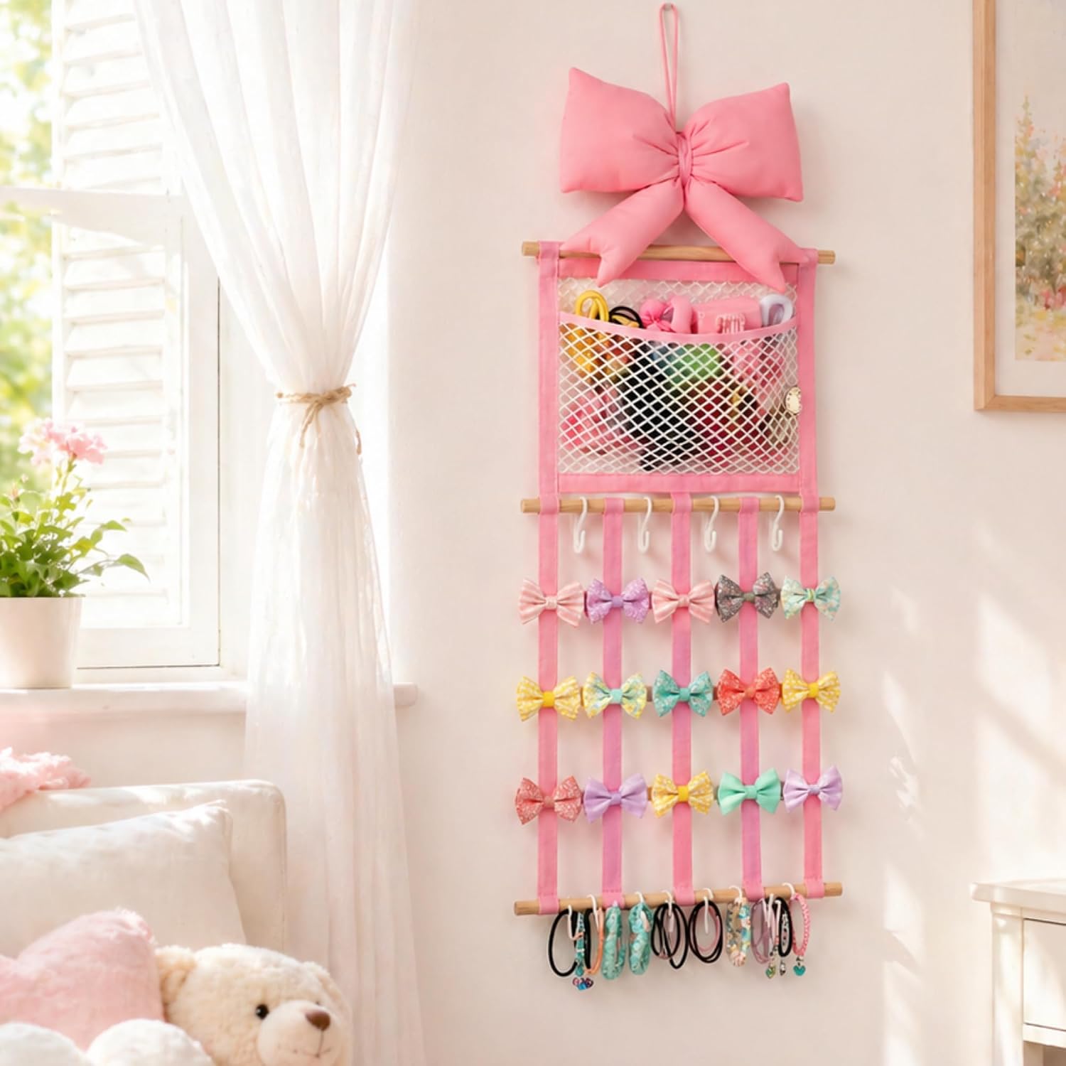 Suncalla Pink Hair Bow Holder Headband Organizer for Girls Hair Clip Accessories Wall Hanger Pink Display Holder Organizer 37.5 Inch Bow Storage Hanging Decor with Hook Gift for Toddler Baby Room