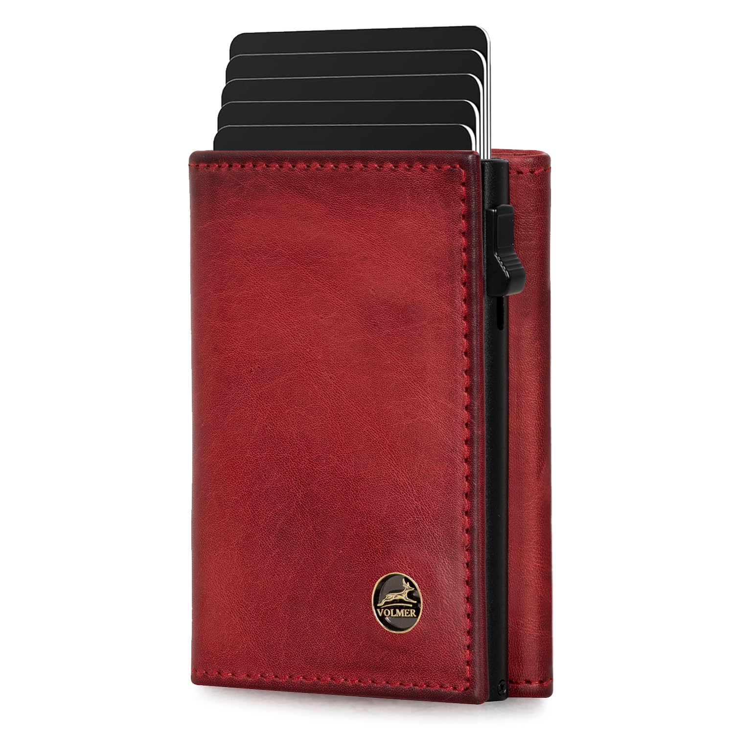 Fa.Volmer POP-UP etui na karty z przegródką na monety z prawdziwej skóry dla mężczyzn i kobiet | 11 kart | ochrona RFID | portfel, Bordeaux Red, Kleines Münzfach, Duża przegródka na monety