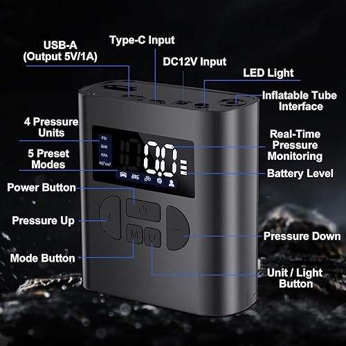 Miniatura 7 de Compresor de aire portátil para inflador de neumáticos, bomba de aire rápida de 150 PSI para neumáticos de automóvil con medidor de presión digital