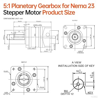 Ratio 5:1 Planetary Gearbox for Nema 23 Stepper Motor 60-74mm Backlash 15 arcmin Input Shaft 31mm 6.35mm Planetary Reducer for 57 Step Motor incl. 4 Screw 2 Plug 1 Key CNC 3D Printer Lathe