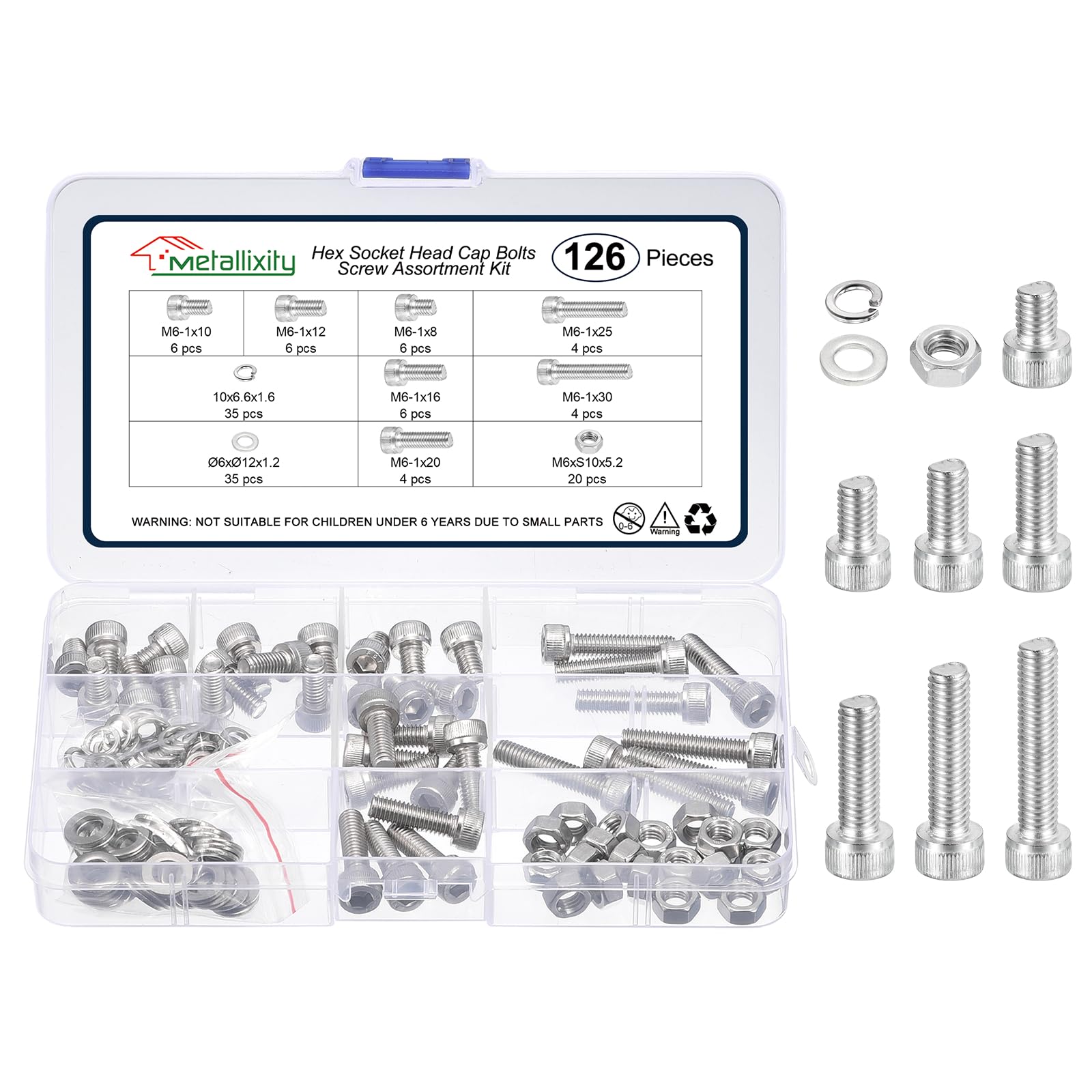 METALLIXITY Socket Head Cap Screws Kit (M6x8/10/12/16/20/25/30) 126Pcs, Stainless Steel Allen Socket Drive - Machine Internal Hex Screw, Silver — image 1