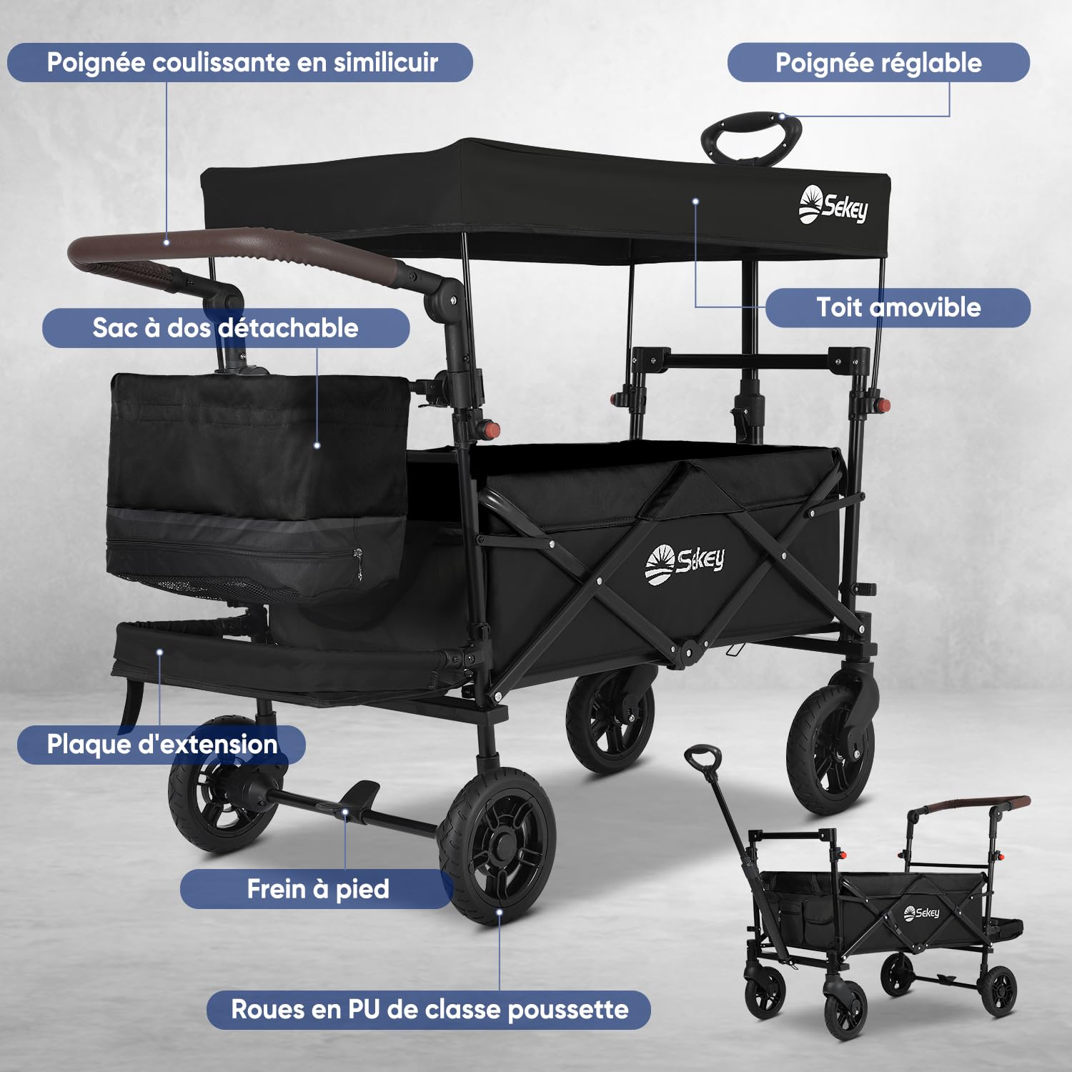 Sekey Chariot Enfant Pliable avec Toit pour 2 Enfants 100KG, Chariot de Transport Pliable Enfant avec Poignée de Pousseur, Roues en PU Antichoc et Freins 110L SS5050, Noir
