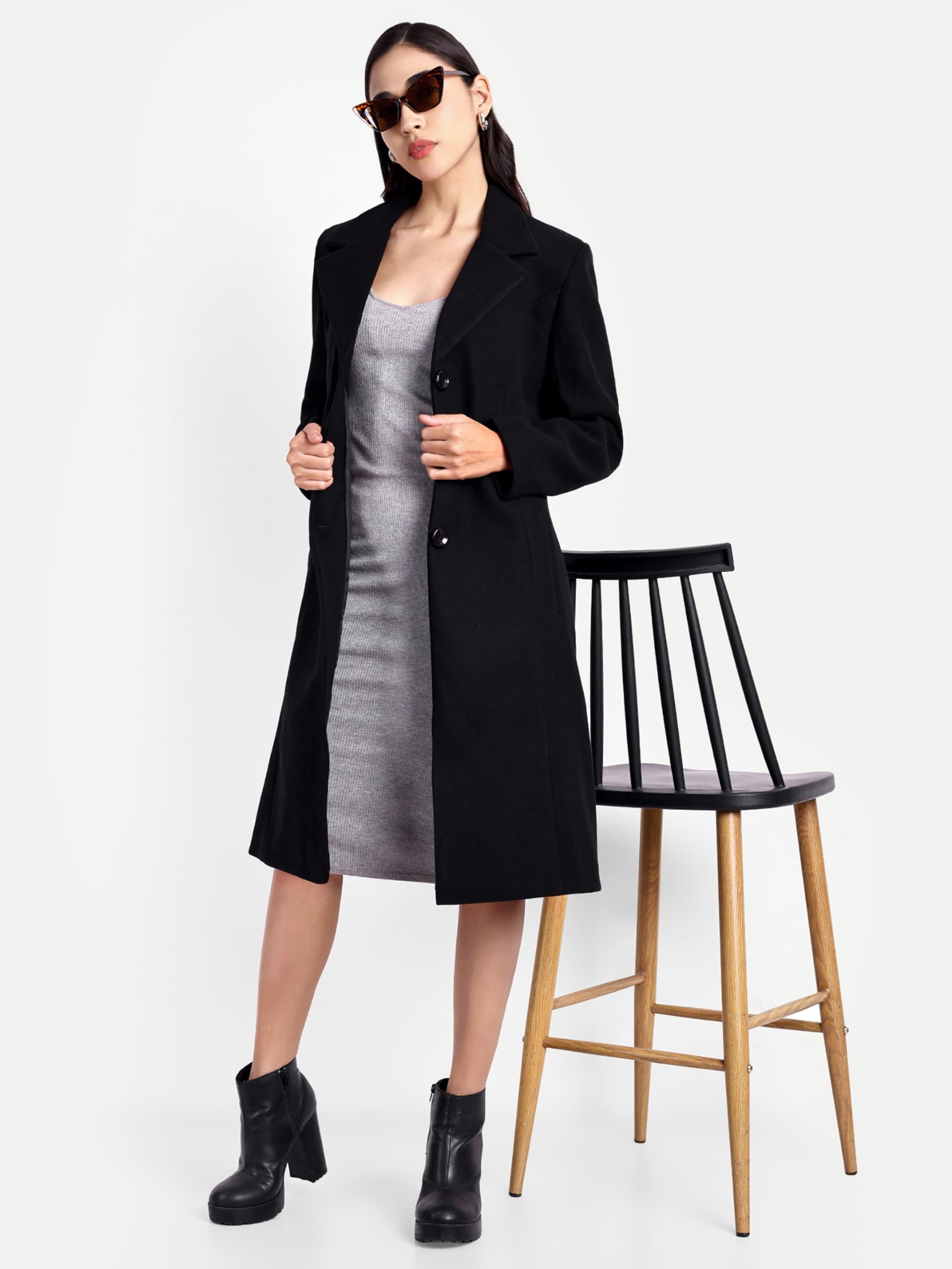 HAUTEMODA Women Tweed Winter Coat Trench Long Sleeves Over With Pocket Single Breasted (L, Black) 4