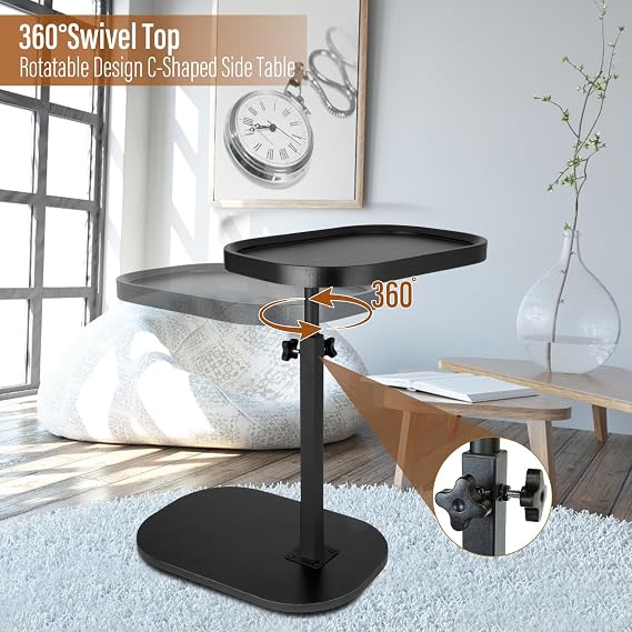 C Shaped End Table Adjustable Height 360° Swivel Wooden Narrow Side Tables