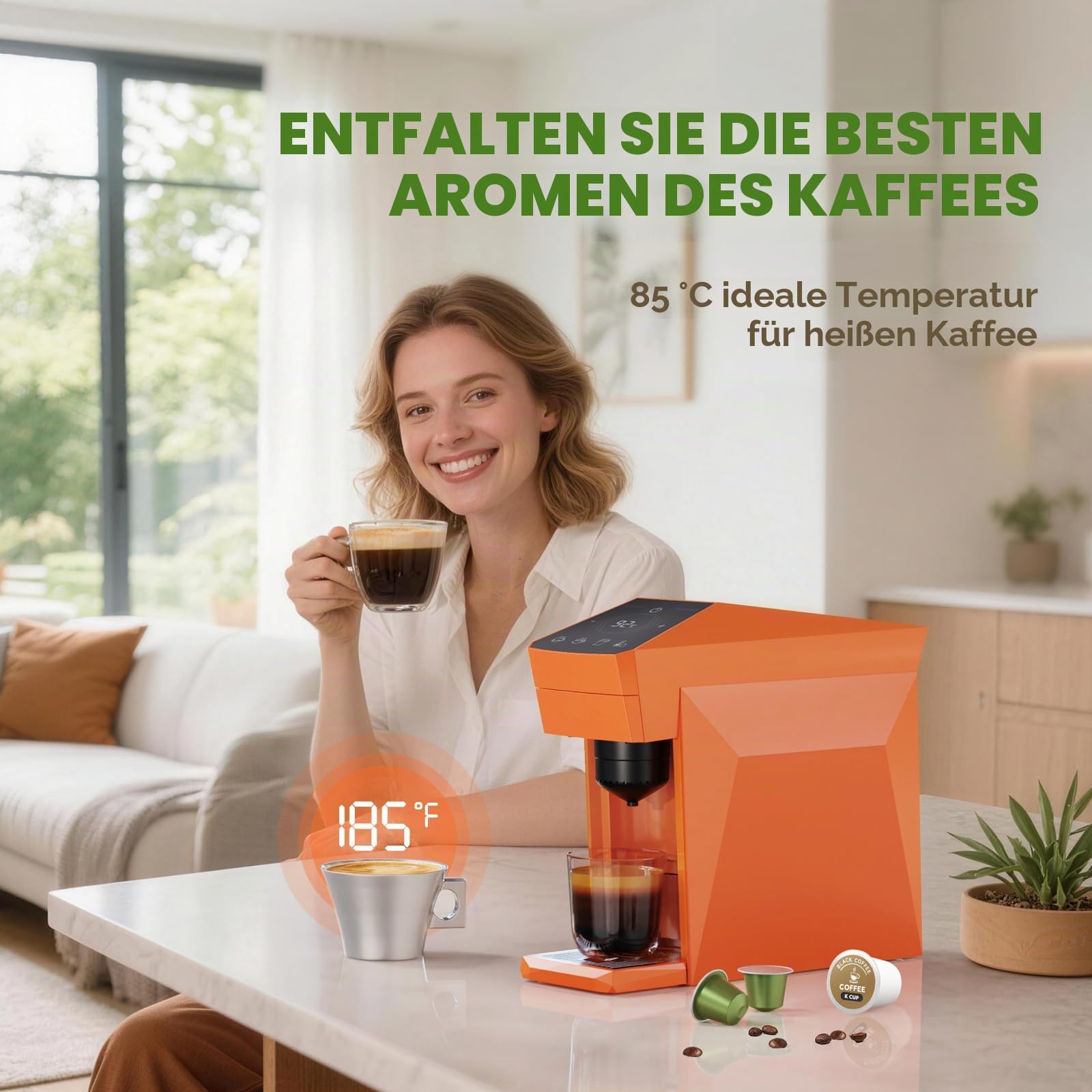 4 in 1 Disposable Coffee Machine, Espresso Machine 19 Bar für K-Cup Kapseln/Ne-spresso OriginalLine/Do-lce Gusto/Gemahlenen Kaffee, 800ml Kapazität, Vibrant Orange