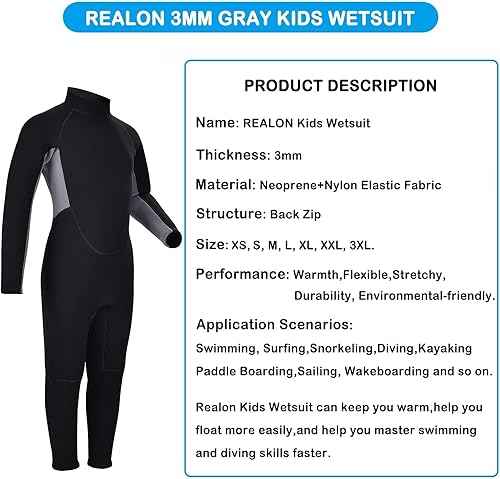 Miniatura 7 de REALON Traje de neopreno para niños y jóvenes, trajes de baño de neopreno de 0.118 pulgadas para niños, 0.079 in, manga cortacompleta, cremallera