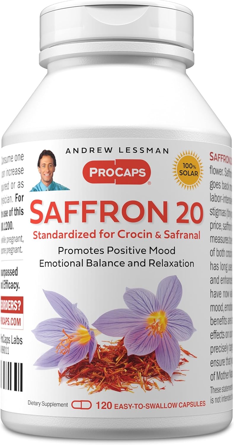 ANDREW LESSMAN Saffron 20mg - 120 Capsules - Standardized Extract. Promotes Positive Mood and Emotional Balance. Relaxation and Quality Sleep. No Additives. Small Easy to Swallow Capsules.
