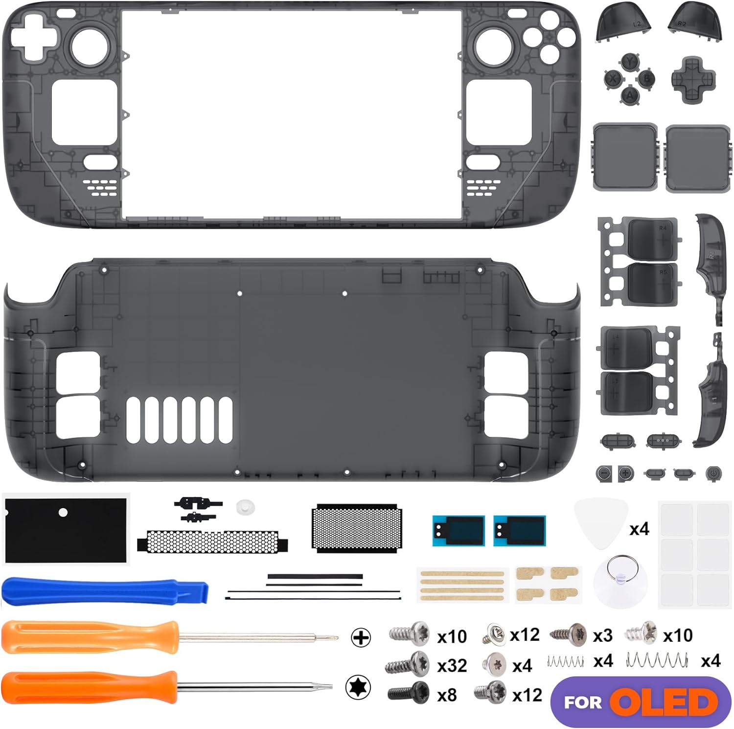 extremerate replacement full set housing shell with buttons for steam deck oled handheld console, custom diy clear slate black faceplate back plate trackpad case for steam deck oled console