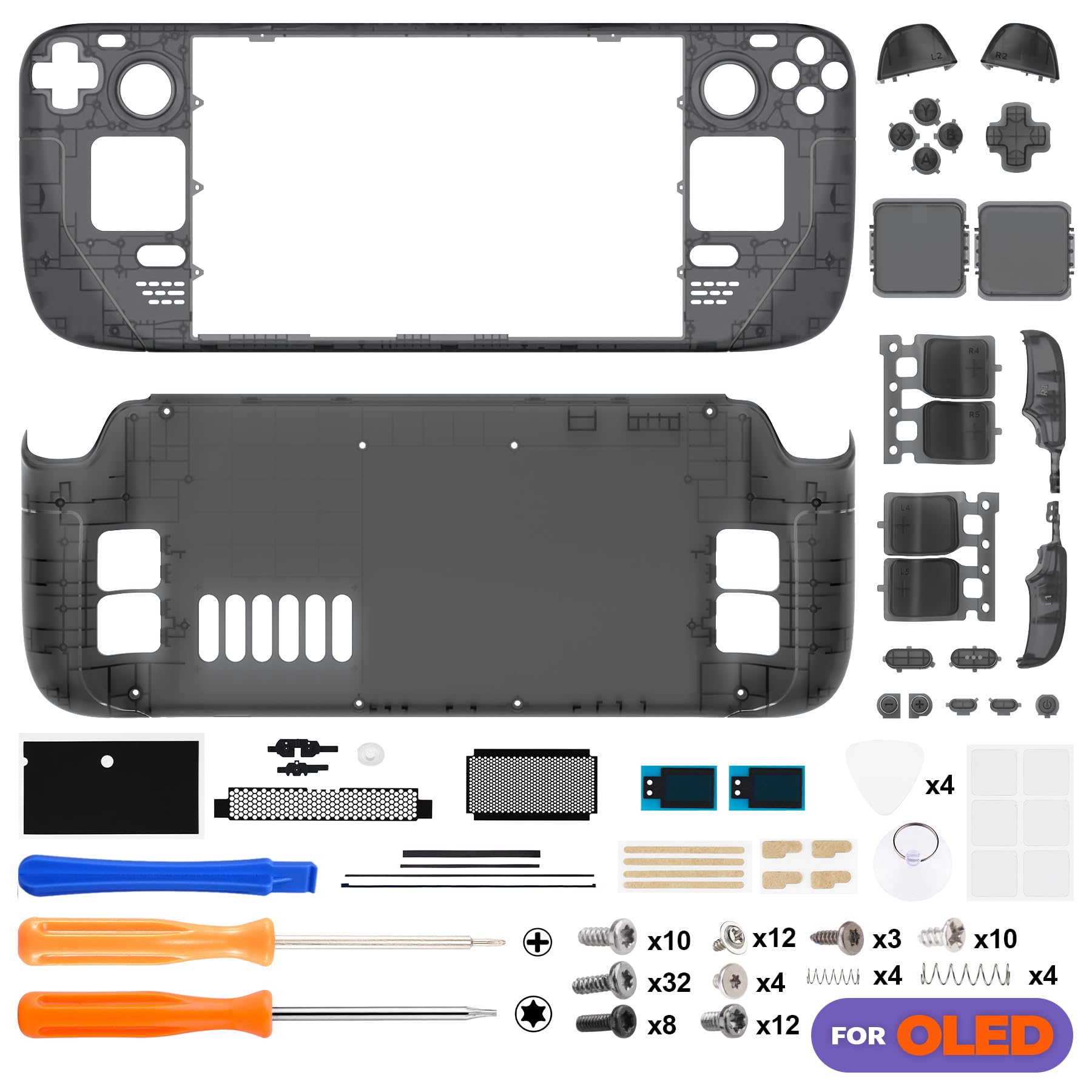 eXtremeRate Coque pour Steam Deck OLED Console avec Boutons,Coque Avant Plaque Arrière pour Steam Deck OLED et Boutons Remplacement-Noir Transparent(sans Console)