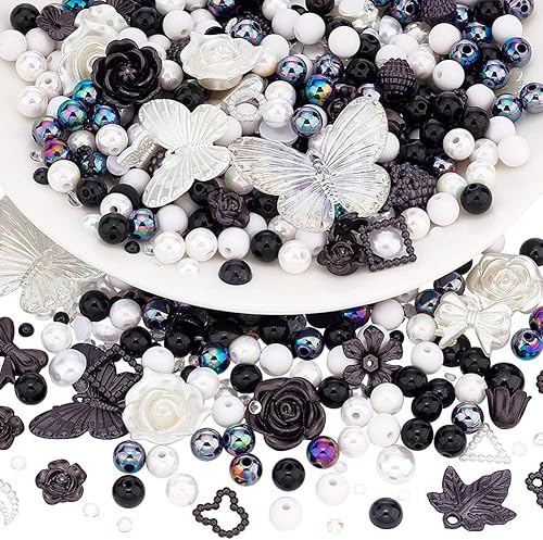 PH PandaHall Cuentas acrílicas negras y blancas a granel, 300 cuentas redondas de 0.315 pulgadas, 1.06 onzas, rosa y mariposa, cabujones de resina