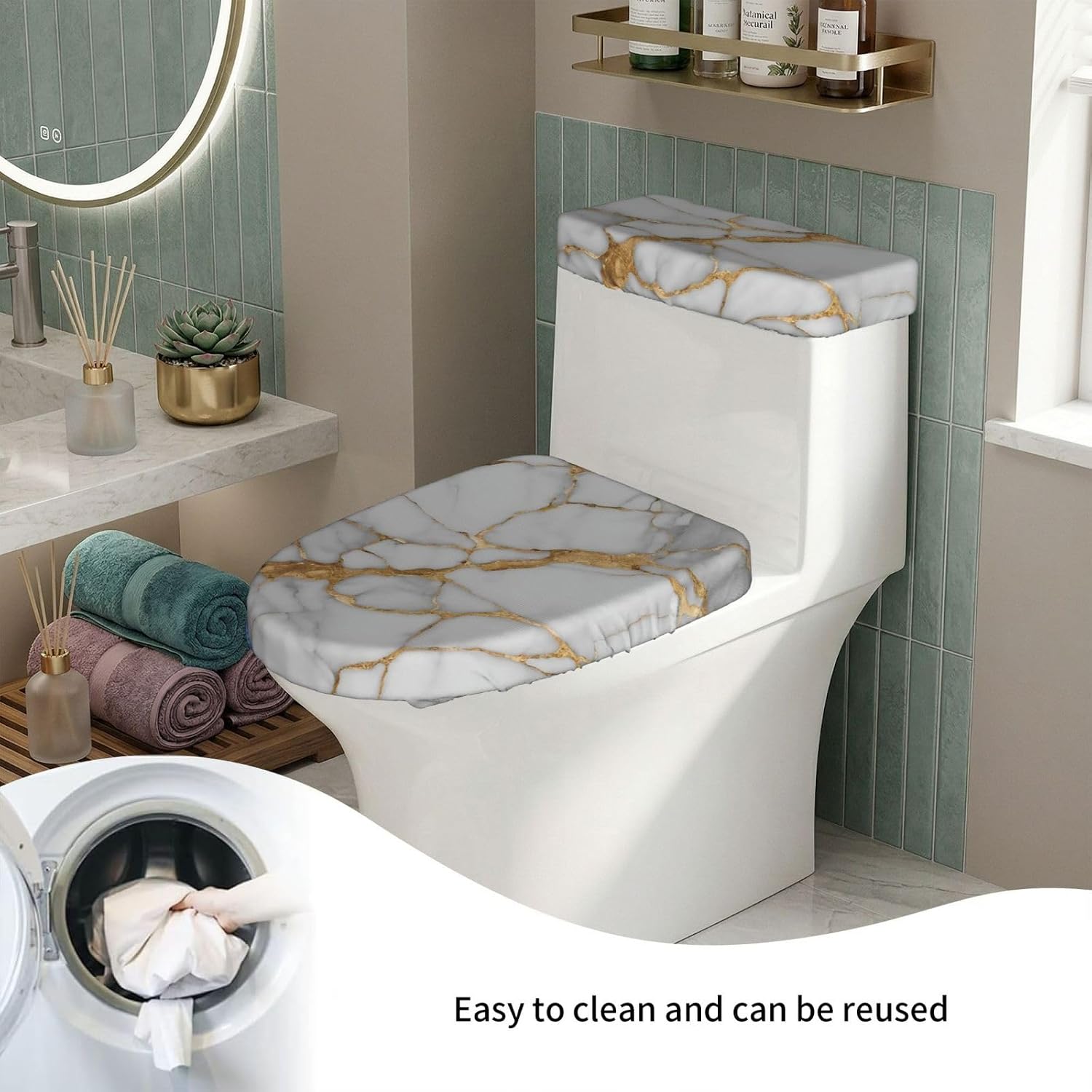 Golden Marble Texture Toilet Lid Covers And Tank Cover Set Soft Stretchable Toilet Cover Set 2 Pcs Washable Fits Round And Elongated Oblong For Bathroom Replacement And Decorative