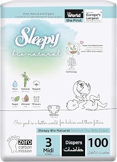 Sleepy Bio Natural Premium Size 3 Diapers | 100 Baby Dry Taped Diapers | 4-9Kg Hypoallergenic | Water Based | Almond Milk | Vegan | 100% Leakproof