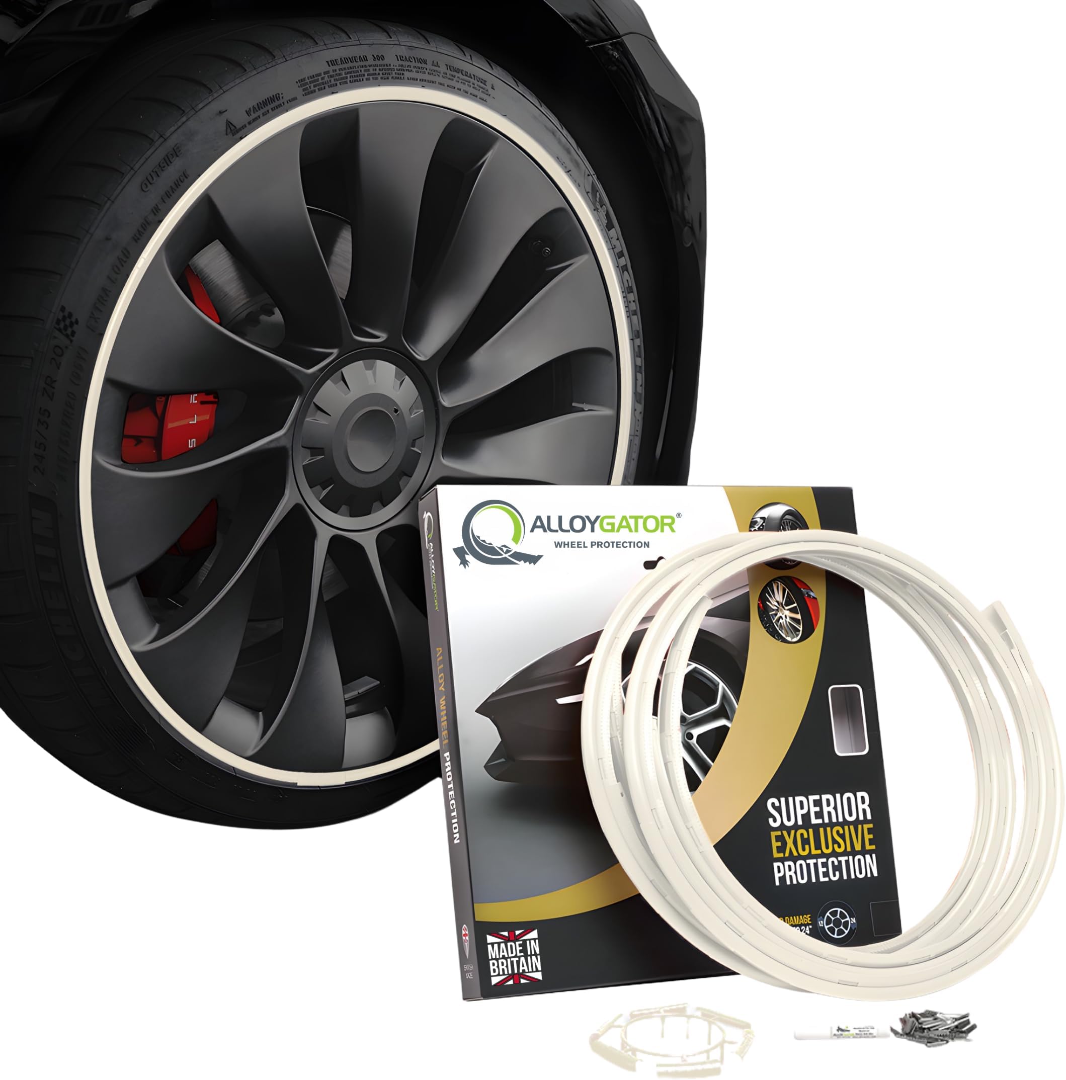 AlloyGator White Alloy Wheel Protectors to Avoid Kerb Scratches & Scuffs – Fits Up to 24" x 4 Wheels | Fits All Cars | Adhesive Free Car Exterior Accessory | 15 Colour Options