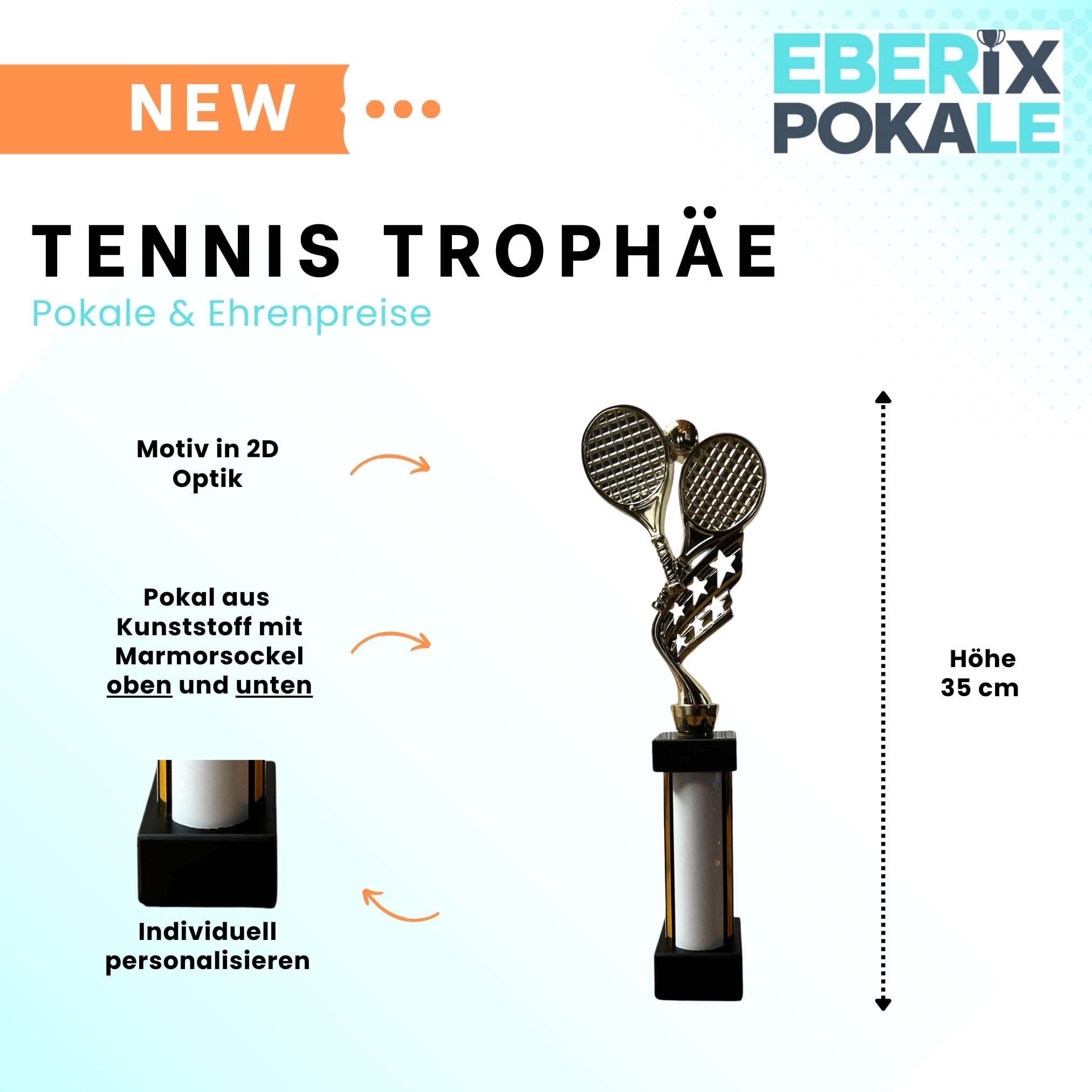 eberix · Tennis Pokal · mit Wunschgravur · Trophäe mit weißer Glanzsäule · Siegerpokal für Tennis-Turnier, Vereinsmeisterschaft, Schulsport, Doppelturnier · personalisierbar ·