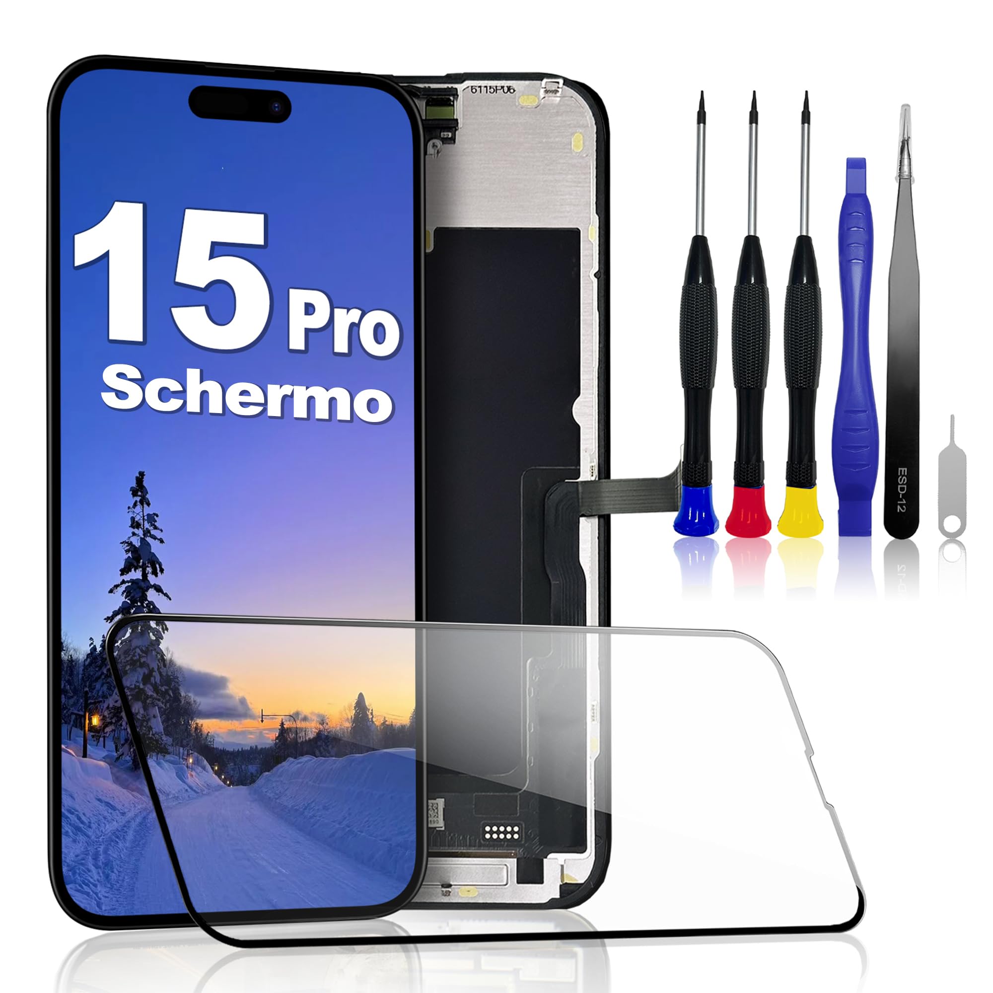 Écran pour iPhone 15 Pro – Kit de Remplacement d'Écran LCD 6,1" FHD + Digitizer Tactile + Cadre – Compatible Modèles A2848/A3101/A3102/A3104(True Tone Programmable)