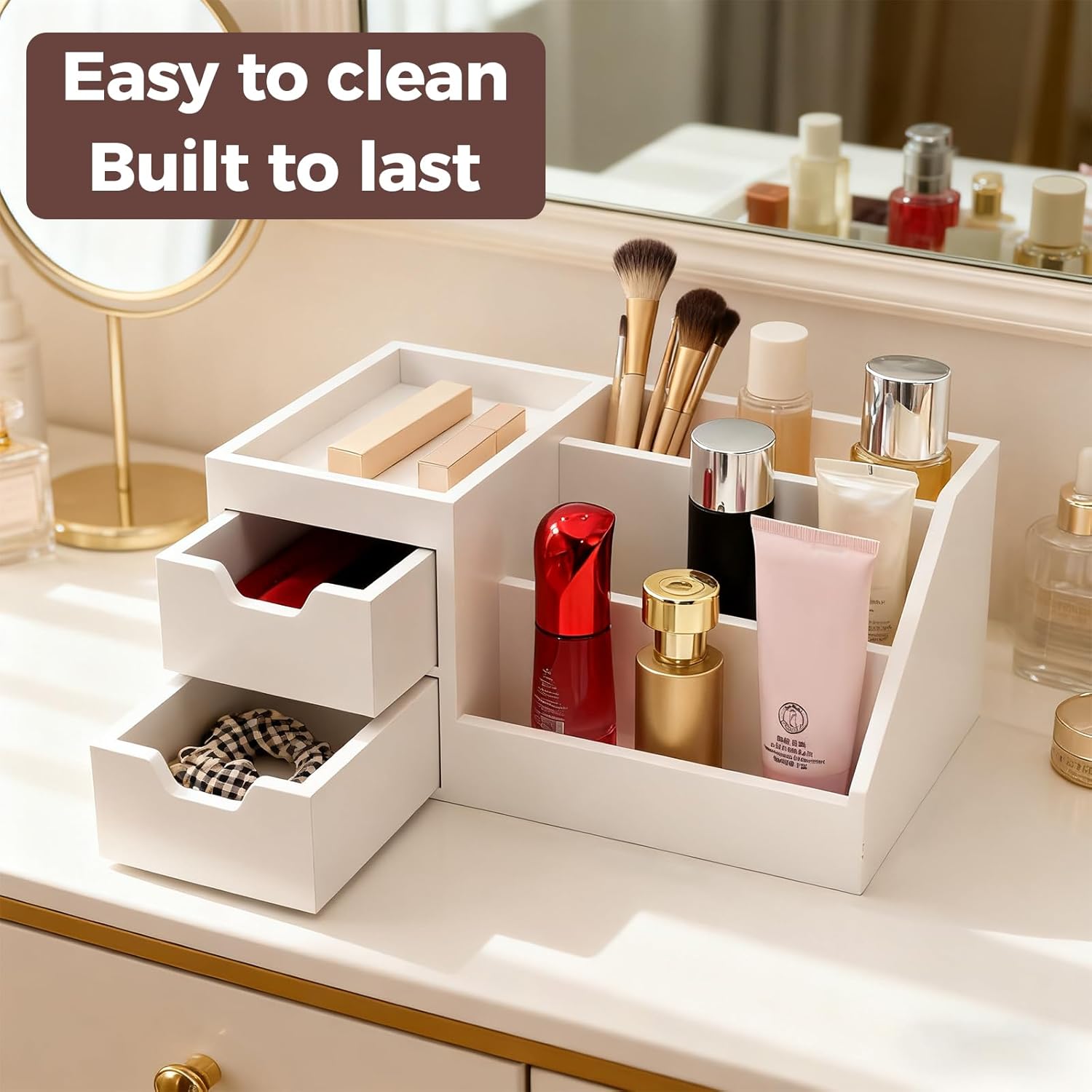 Countertop Perfume & Makeup Organizer - Wooden Rack, Cologne Stand Shelves & Skincare Organizer for Bedroom Dresser, Organizador de Perfumes Estante para Perfumes (Middle, 01) (White, 01)