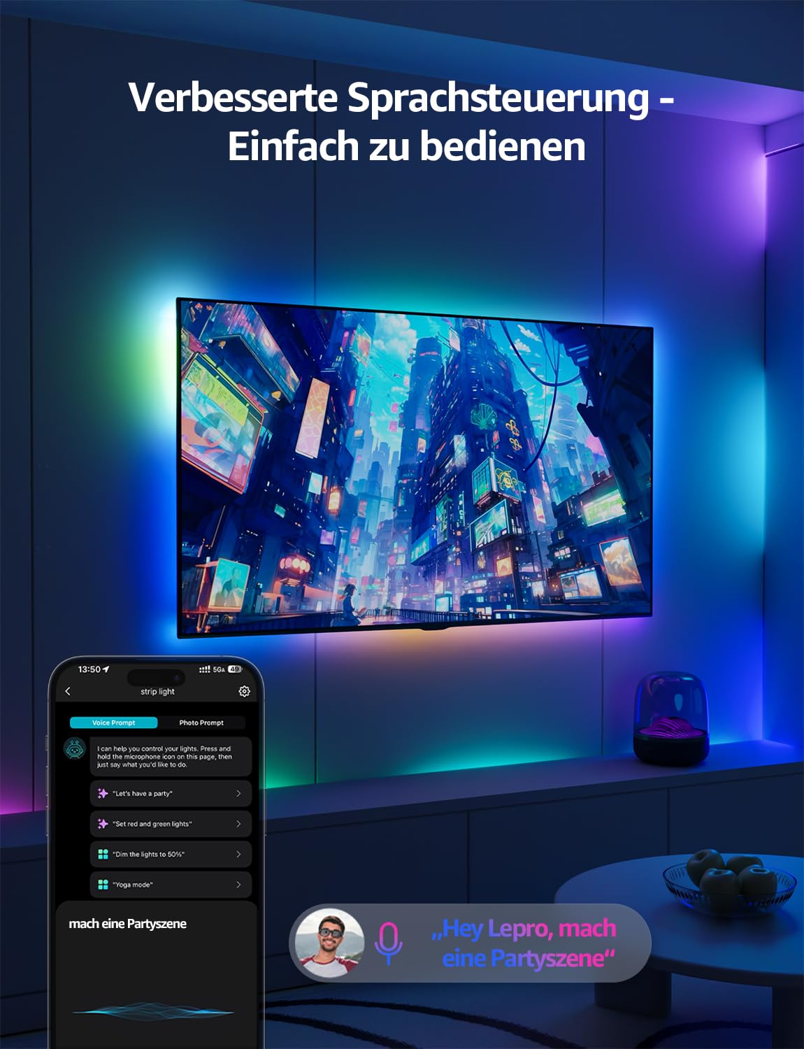 Lepro AI LED Streifen S1, 30M MagicColor RGBIC | Personalisierter KI-Lichtdesigner, Musik-Sync, App-Steuerung, kompatibel mit Alexa&Google Assistant für Party&Gaming