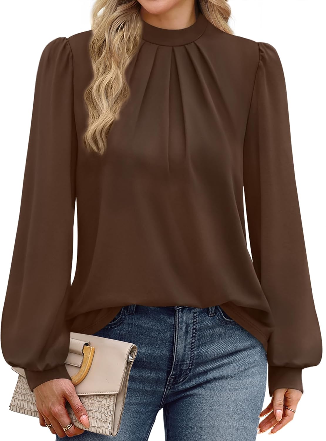 WIHOLL Long Sleeve Shirts for Women Mock Neck Tops Pleated Front Blouses Dressy Casual Spring Fall Clothes 2026 Fashion - Image 3