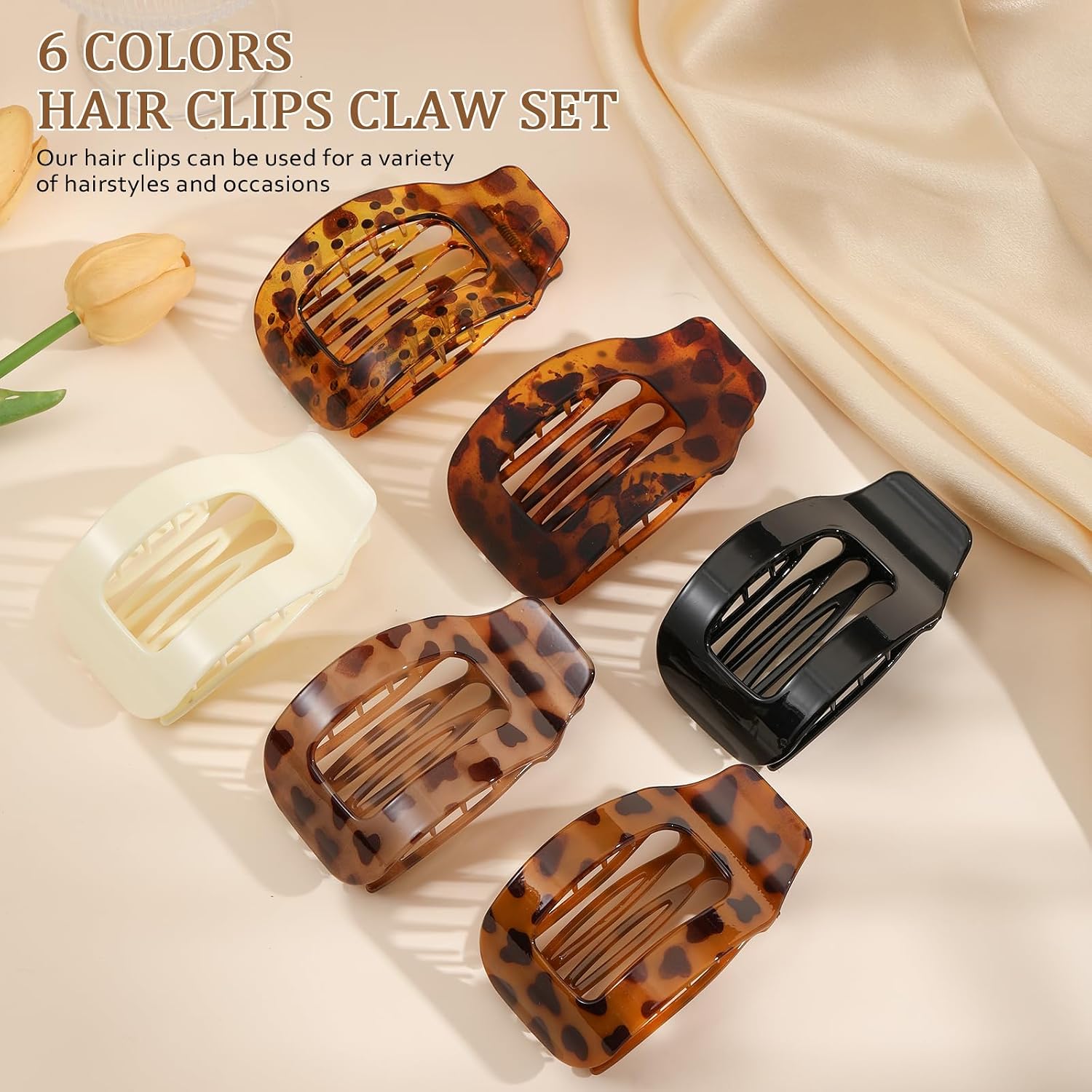 6 PCS Flat Hair Clips for Women, Large French Flat Claw Clips for Thick Thin & Curly Hair, Strong Hold Non Slip Leopard Print Jaw Clips Hair Accessories for Girls Valentine's Day Gifts, Tortoise