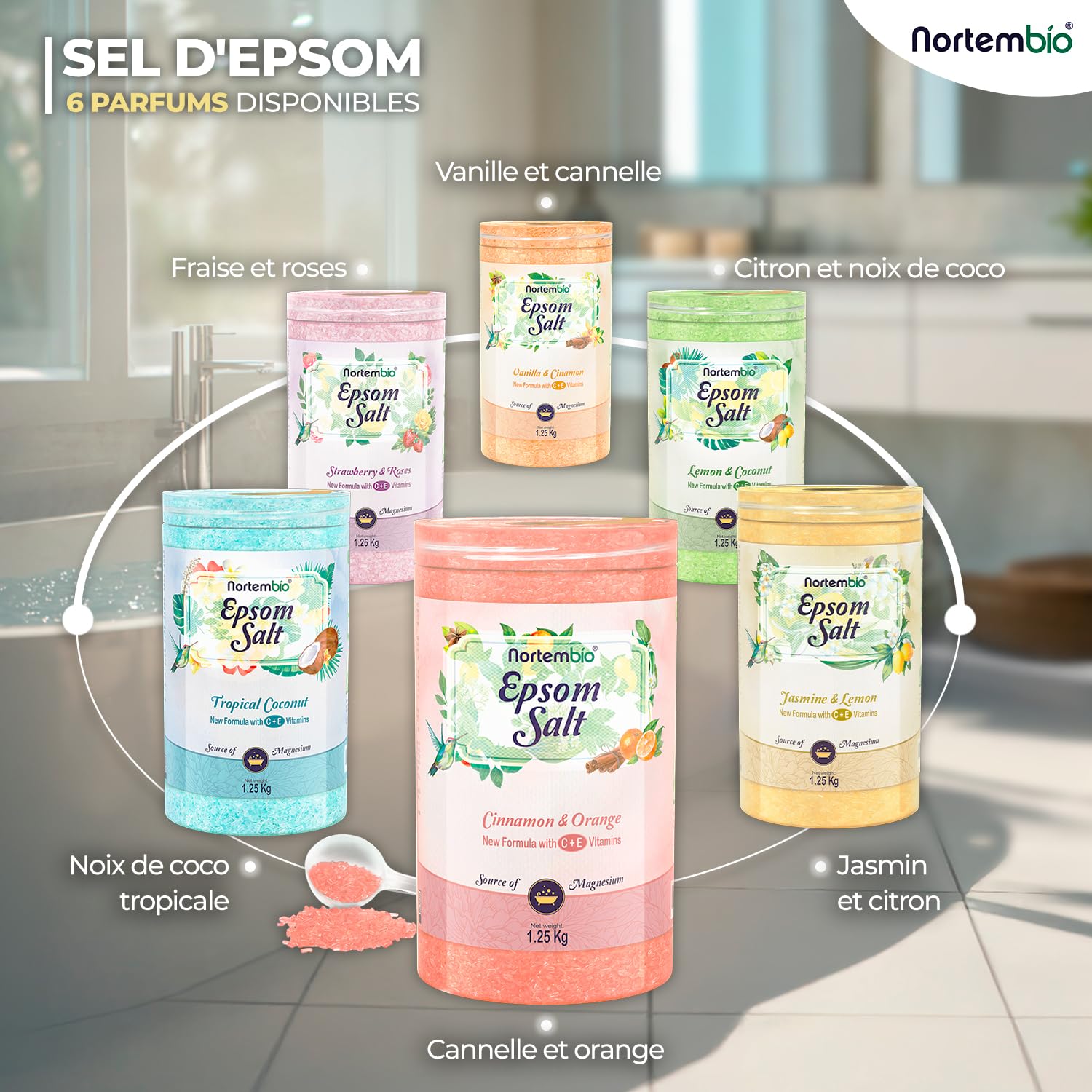 Nortembio Sels d'Epsom Parfumés 6 kg Sel de Bain au Magnésium, Vitamines C & E | Bain de Pieds, Spa Maison, Relaxation et Bien-être | Parfum au Choix + eBook Gratuit (Noix de Coco Tropicale)