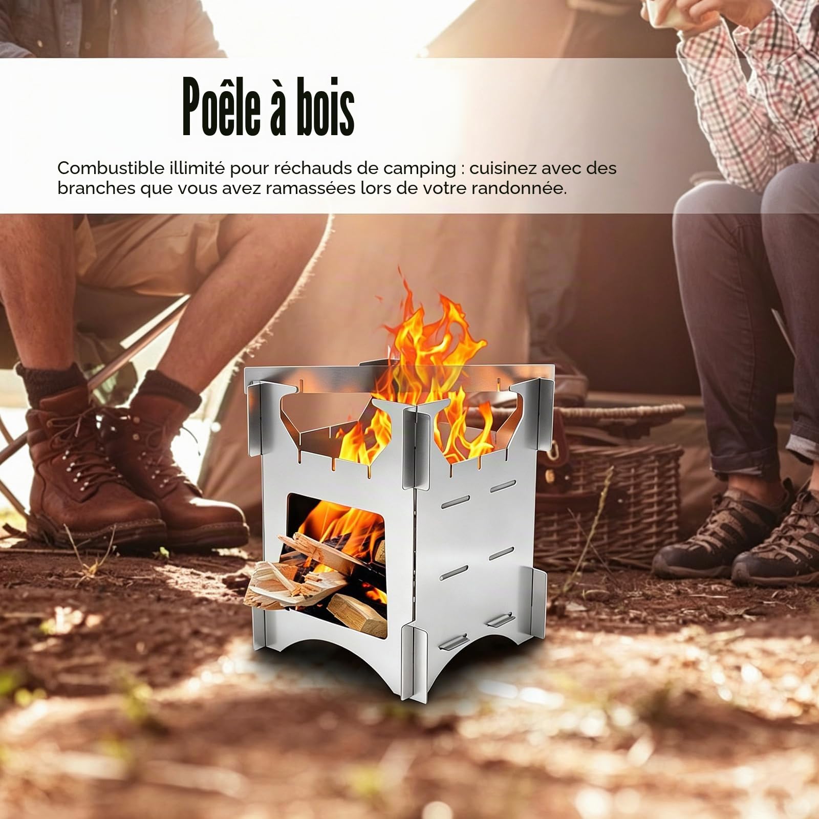 Mini réchaud à bois de camping portable, 10 x 10 cm, pliable, amovible, léger en acier inoxydable avec sac de transport, pour l'extérieur, les voyages, la randonnée et le pique-nique