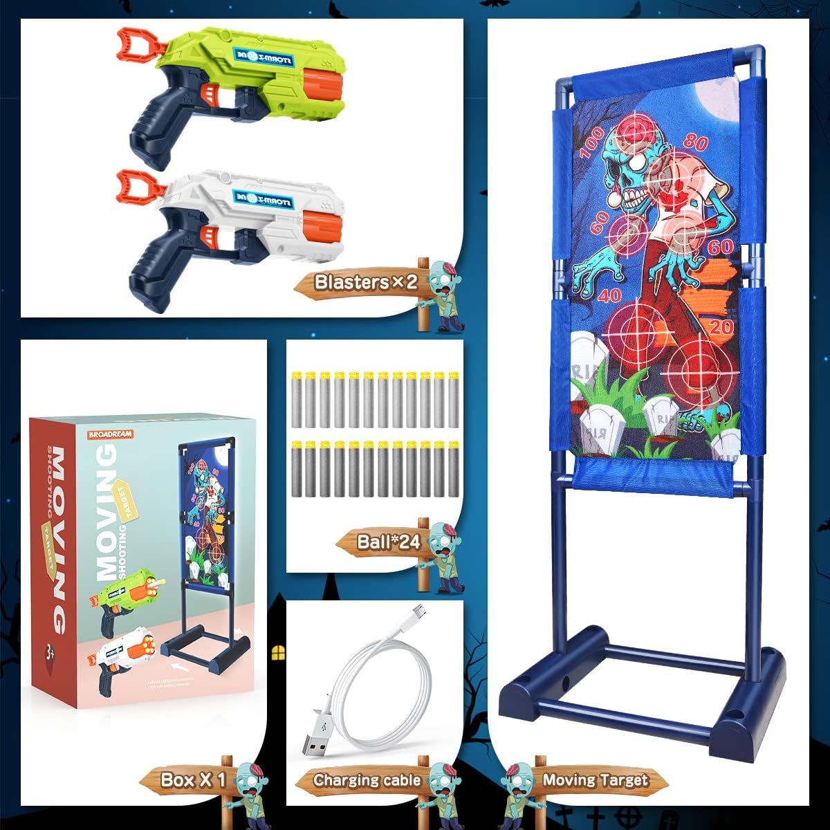 Black Friday - 40% OFF BROADREAM Stocking Stuffers Boys Toys Gifts Moving Shooting Game Toys for Kids Rechargeable Zombie Shooting Target Toys with 2pk Toy Foam Blasters Christmas Birthday Age 5 6 7 8 10 Years Old