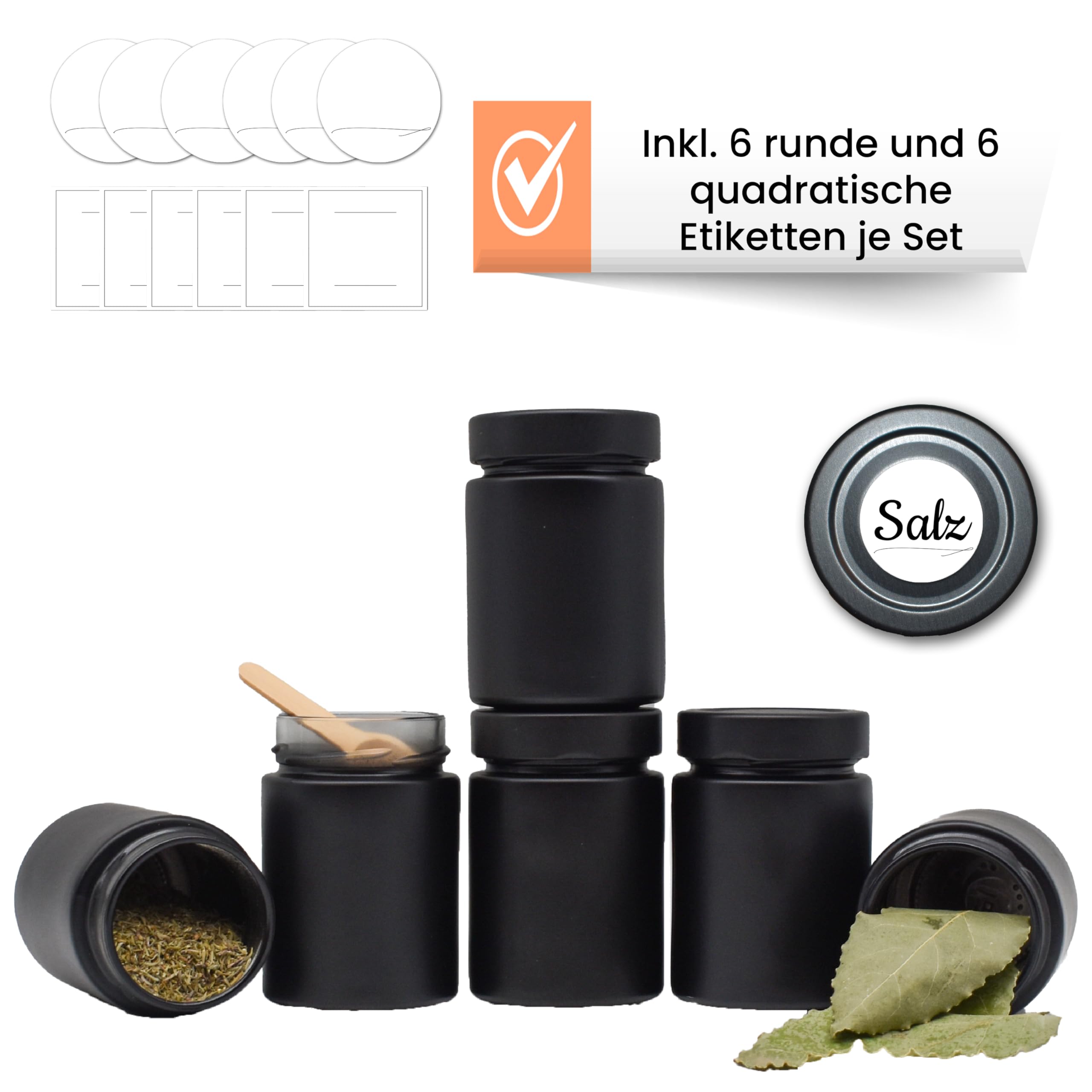 Gewürzgläser rund schwarz-matt Set - 190 ml - mit Gewürzlöffel - wasserfeste Etiketten rund und quadratisch - mit Schraubdeckel (12)