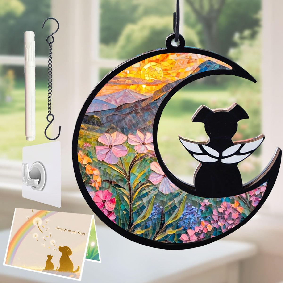 Agoumlux Dog Angel Memorial Suncatcher with Rainbow Bridge Poem Card, Pet Sympathy Gifts for Loss of Dog, Phlox