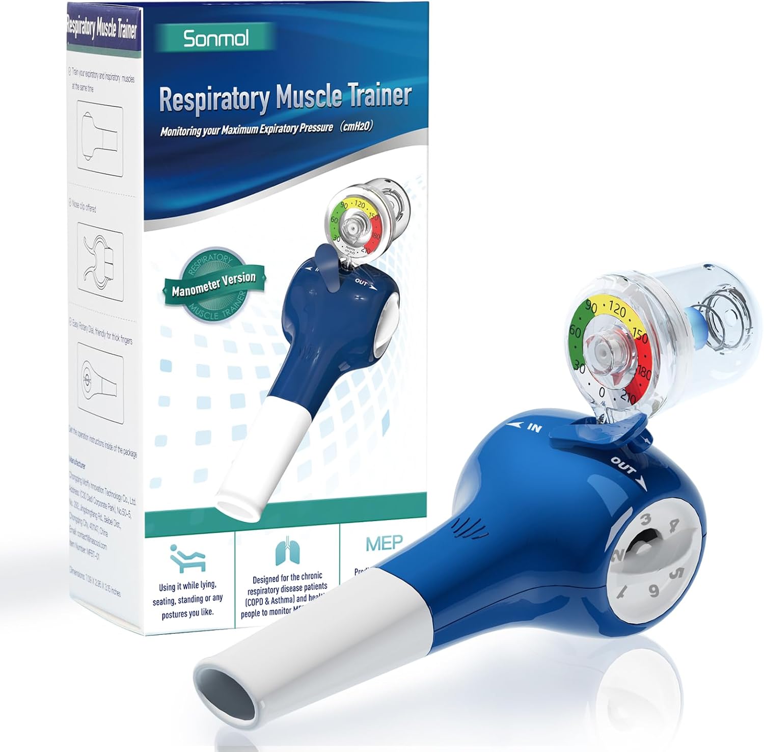 Sonmol Lung Trainer with Travel Case, MEP Test, 5 Resistance Levels | MEP measurement with needle manometer, easy to clean, hygienic, stronger lungs in 2 weeks, for better breath