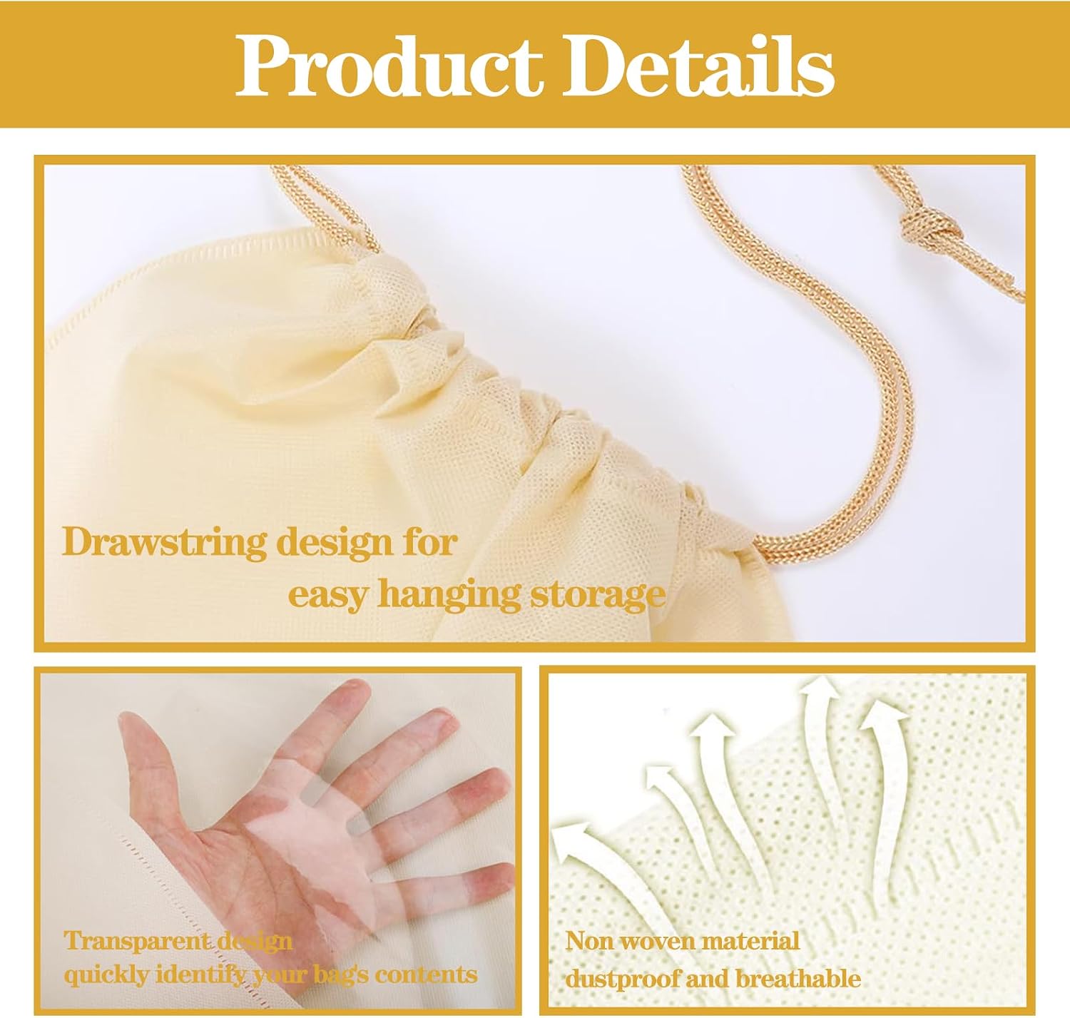16 Pcs Beige Dustproof Drawstring Bags Purse Dust Storage Bags for Handbags Covers Non Woven Fabric Cloth Pouch String Packing Organizer Shoe Pouch(4 Sizes)