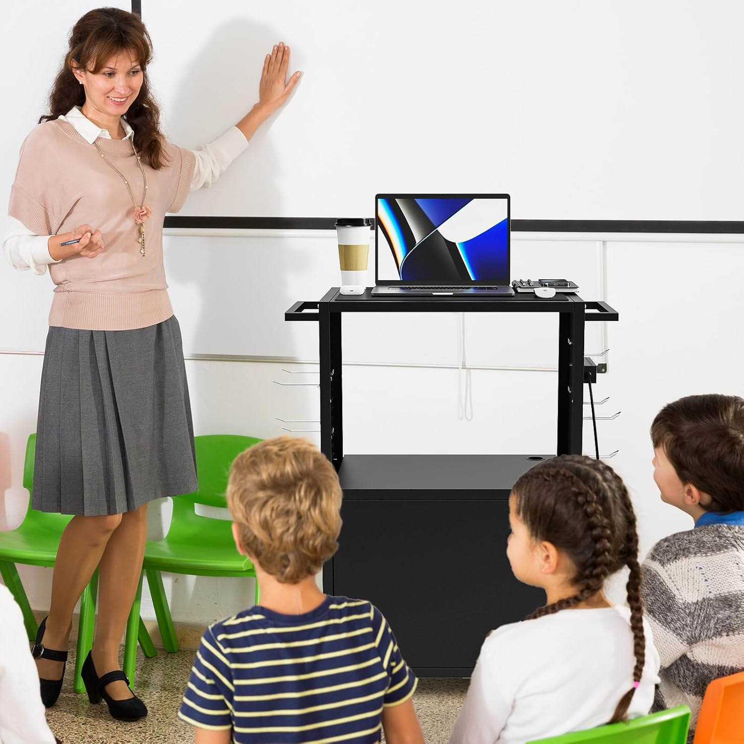 AV Presentation Media Cart Stand Up Desk with Storage Cabinet for Printer, Projector, Computers, TV, Rolling Storage Cart with Adjustable Shelves, Outlet and Cord for School Office Shop