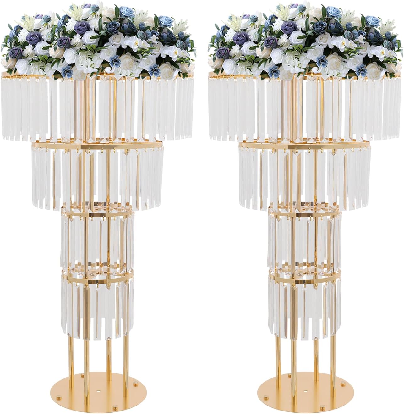 2PCS 4 Tier Gold Flower Stand with Pendants, 35.43in Tall Gold Vases Centerpieces Round Chandelier Pedestal Stand for Wedding Birthday Party Celebration Home Decoration